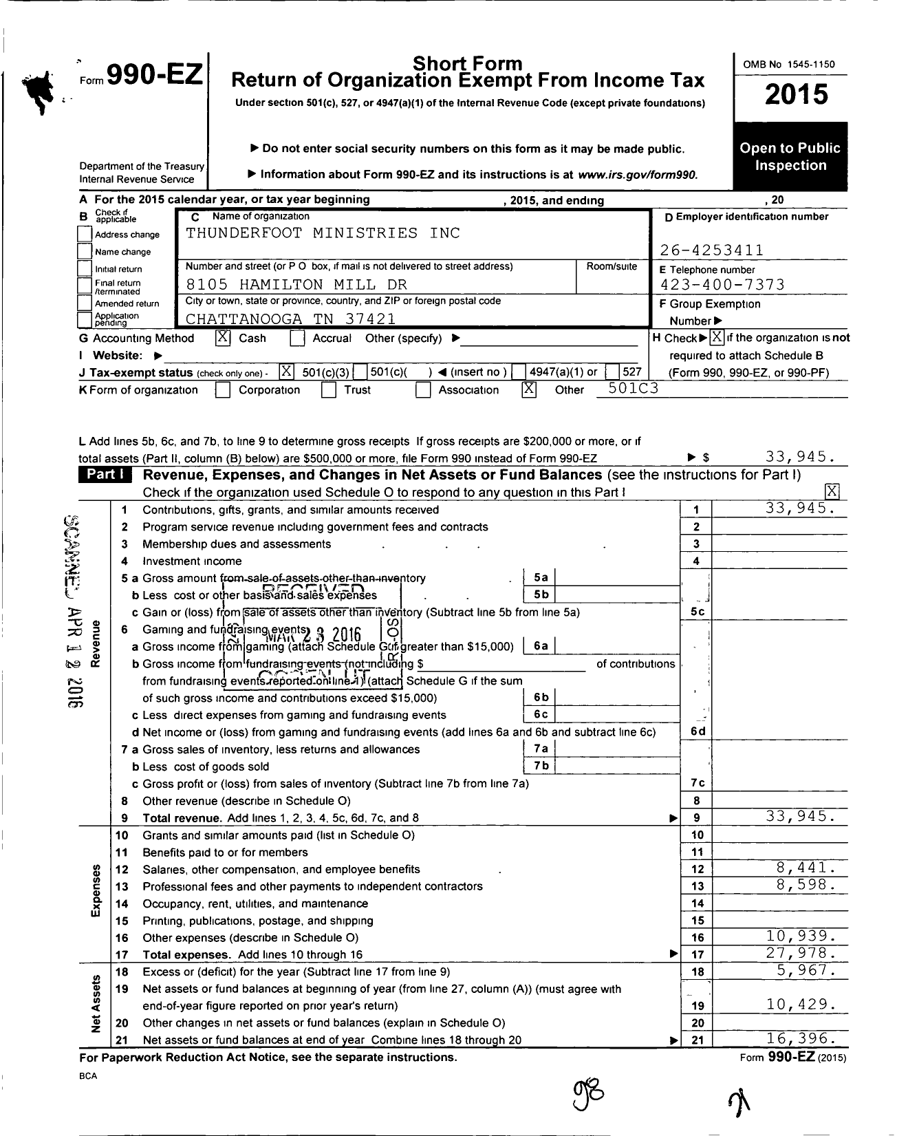 Image of first page of 2015 Form 990EZ for Thunderfoot Ministries