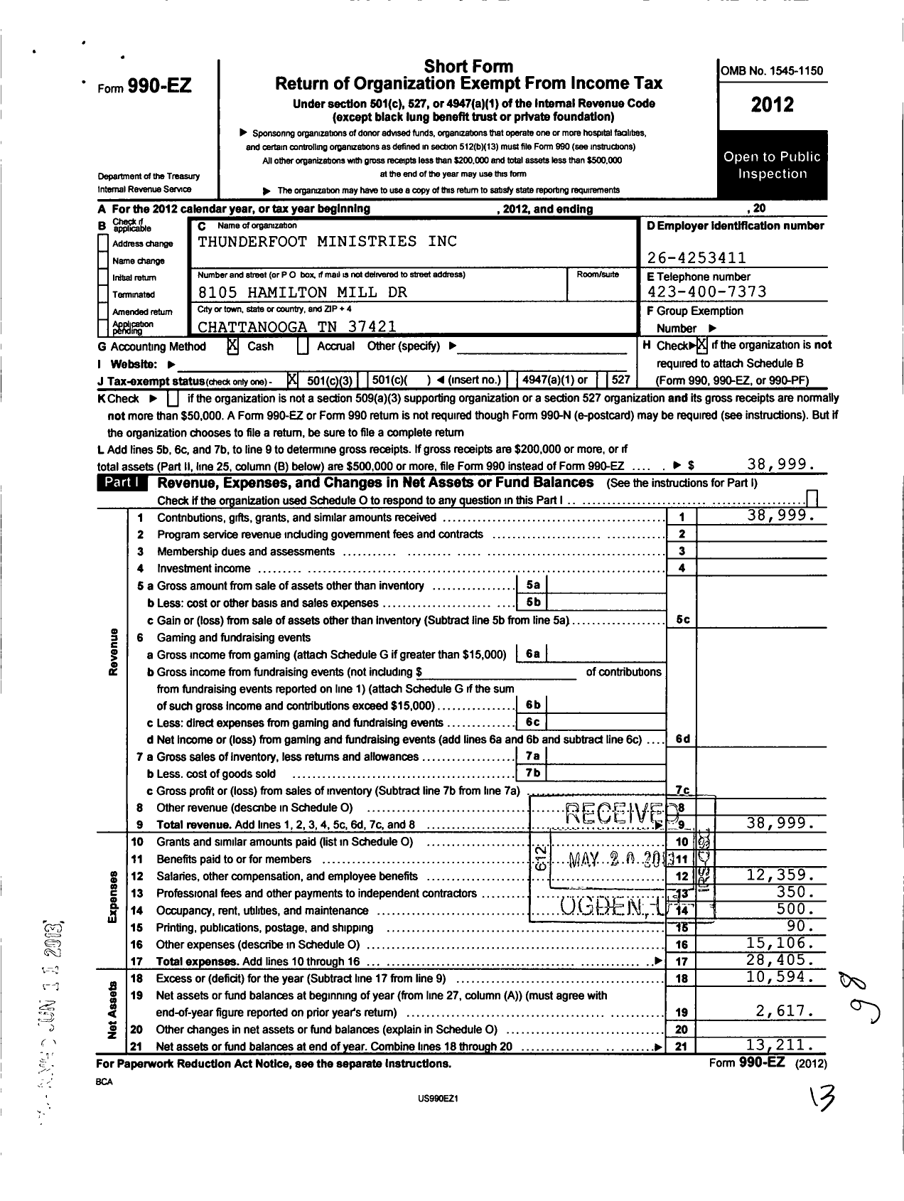 Image of first page of 2012 Form 990EZ for Thunderfoot Ministries