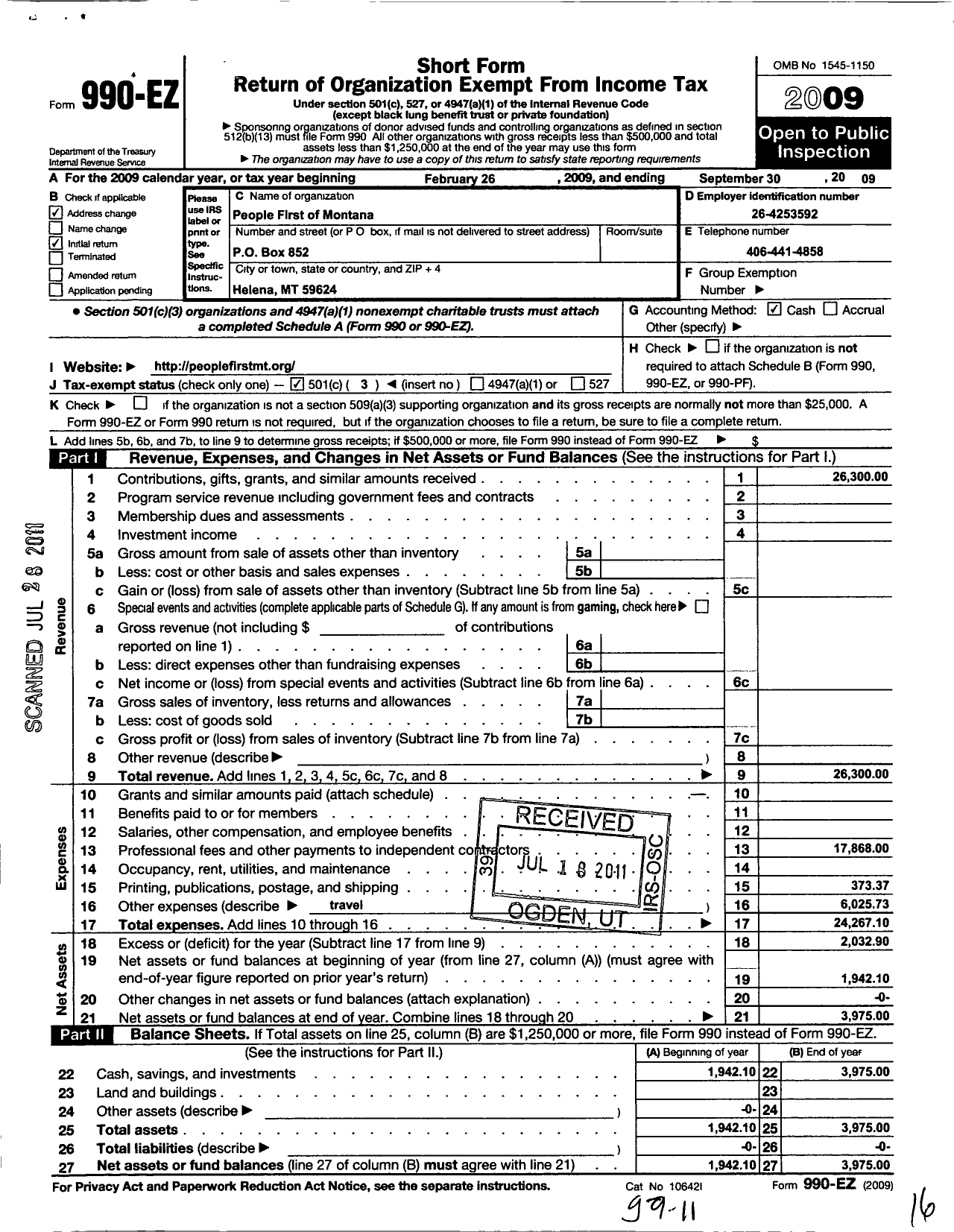 Image of first page of 2008 Form 990EZ for People First of Montana