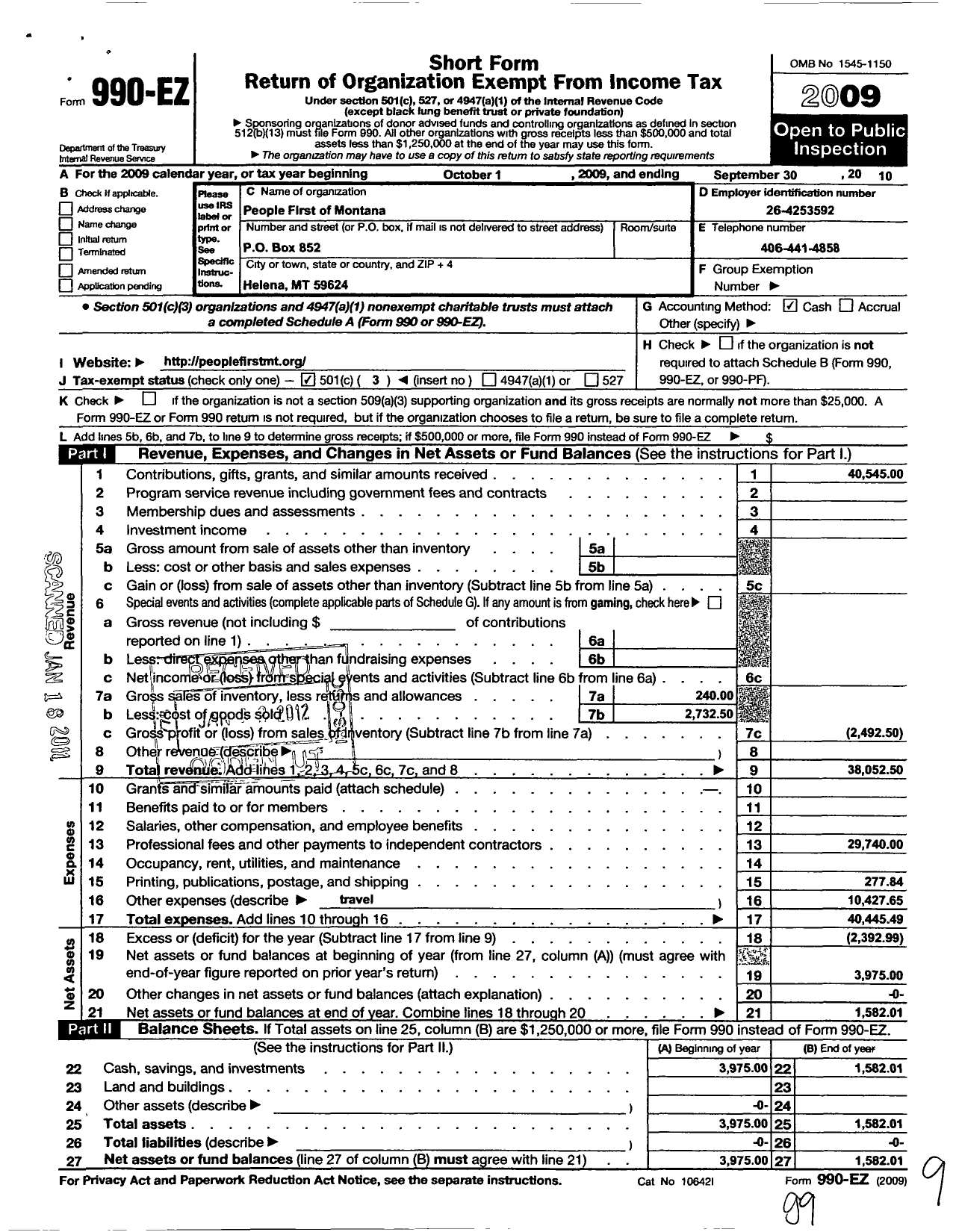 Image of first page of 2009 Form 990EZ for People First of Montana