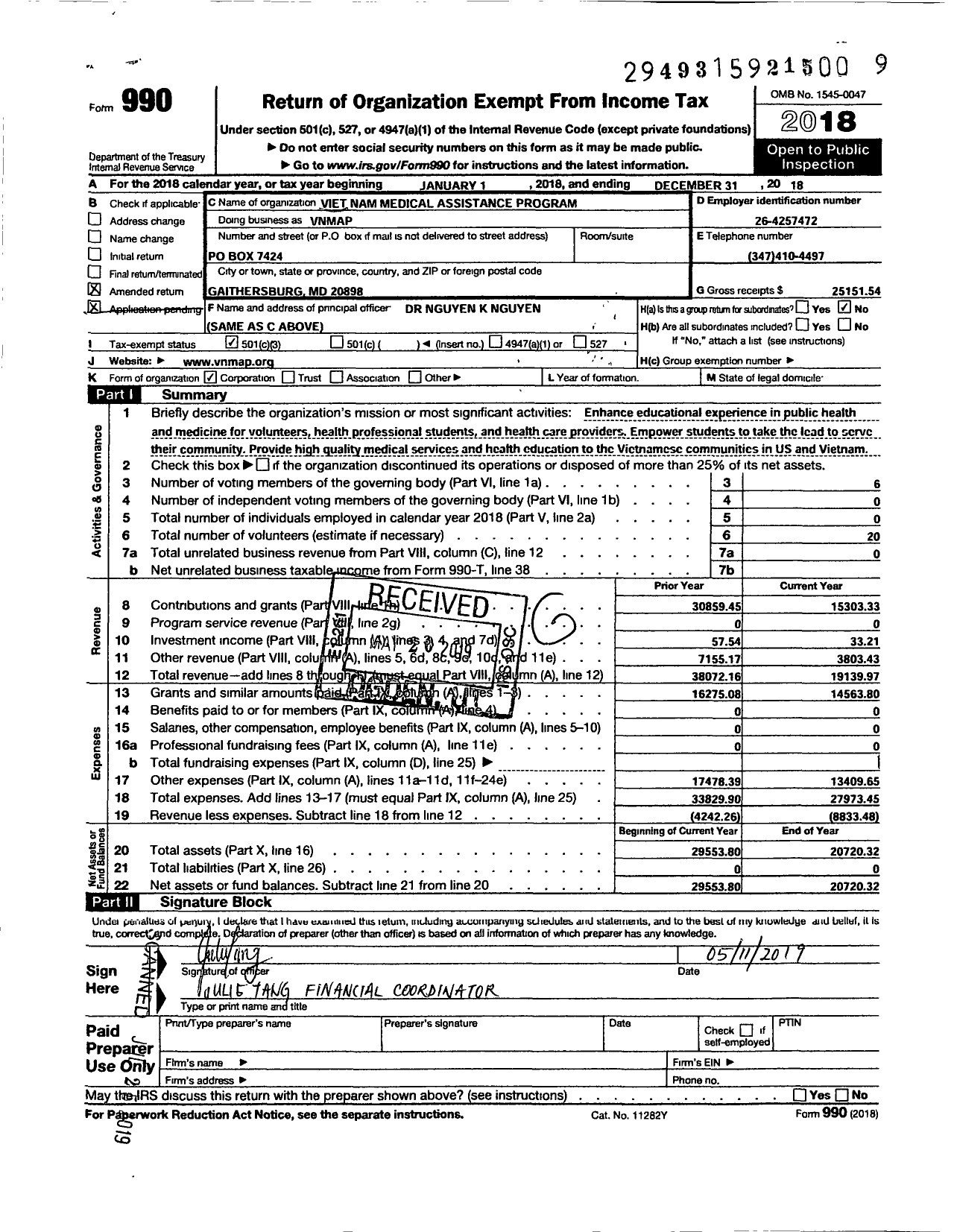 Image of first page of 2018 Form 990 for Viet Nam Medical Assistance Program Corporation