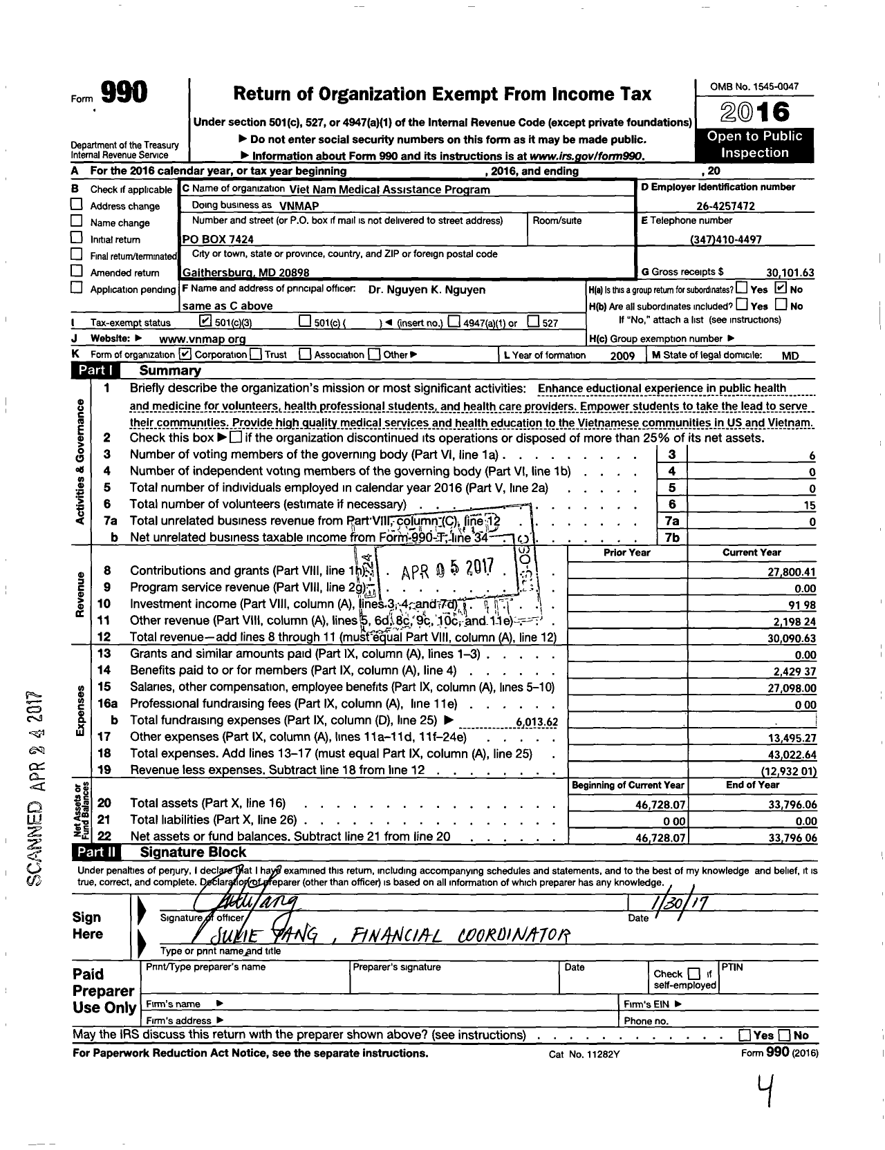 Image of first page of 2016 Form 990 for Viet Nam Medical Assistance Program Corporation