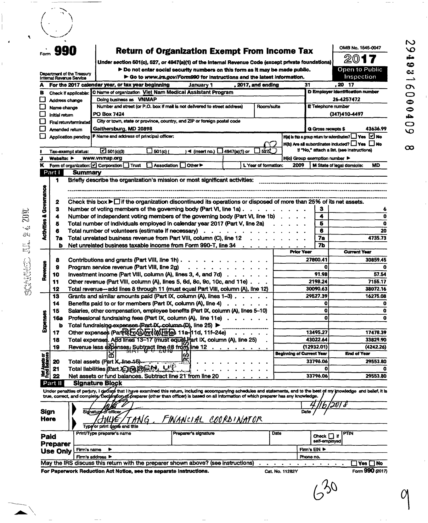 Image of first page of 2017 Form 990 for Viet Nam Medical Assistance Program Corporation