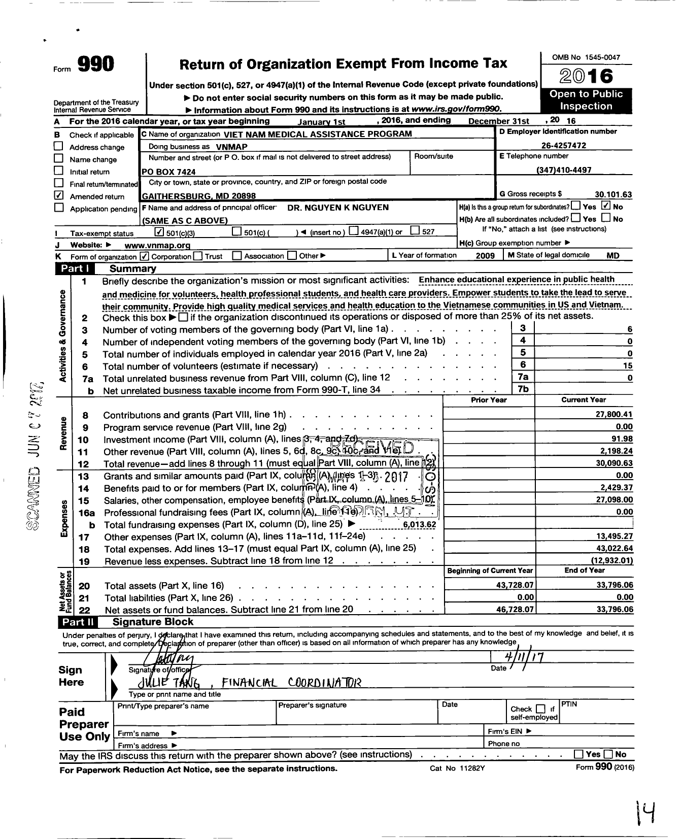 Image of first page of 2016 Form 990 for Viet Nam Medical Assistance Program Corporation