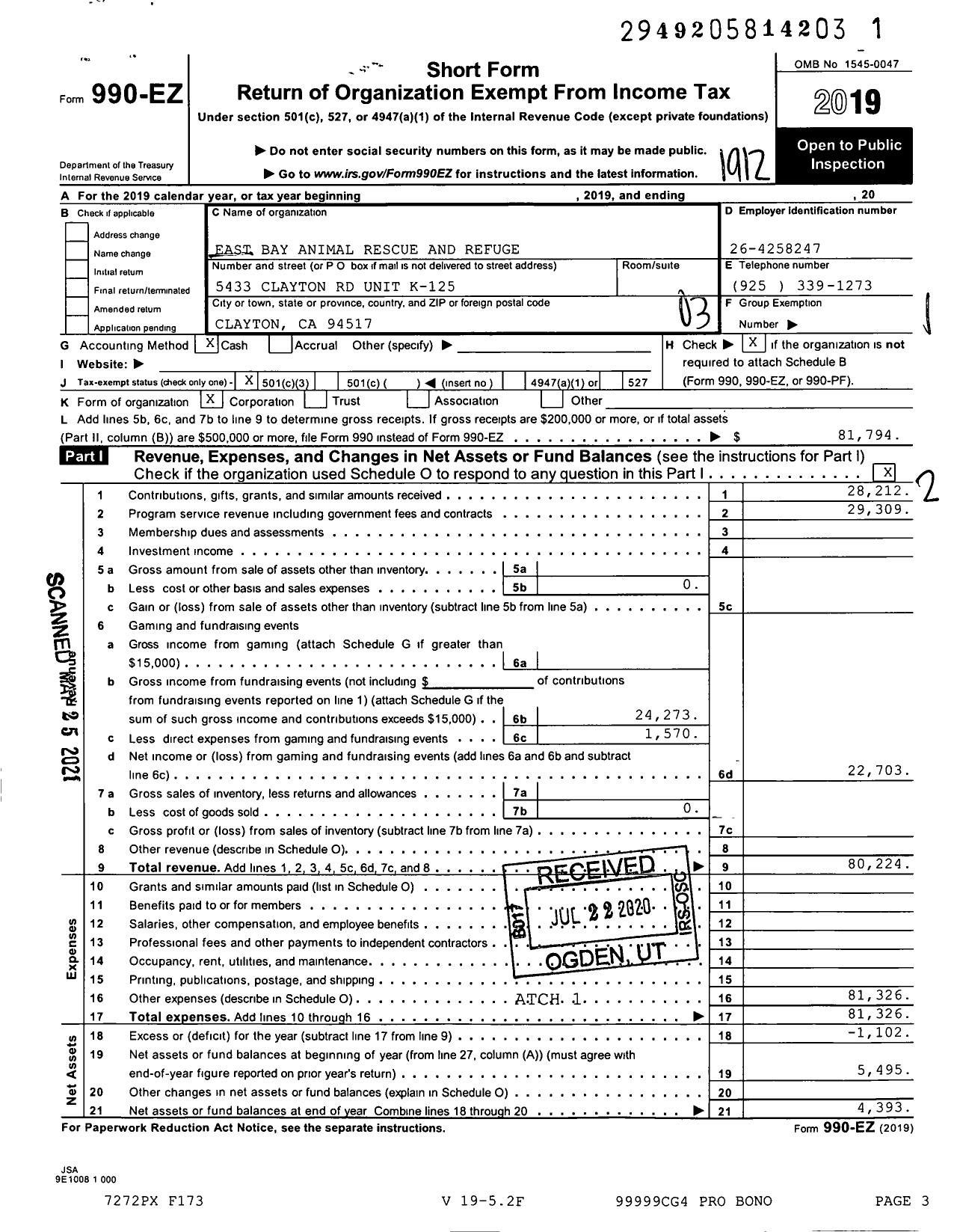 Image of first page of 2019 Form 990EZ for East Bay Animal Rescue and Refuge