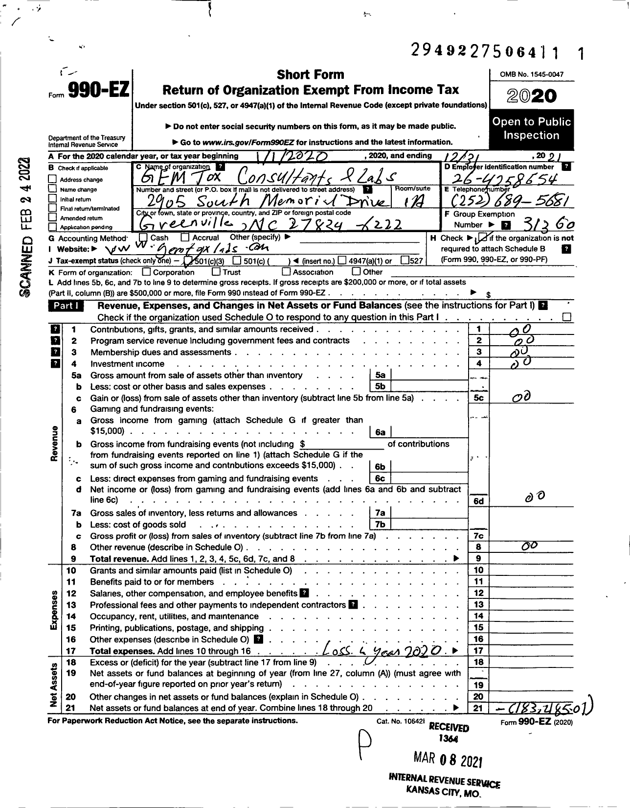 Image of first page of 2021 Form 990EZ for Gem Tox Labs