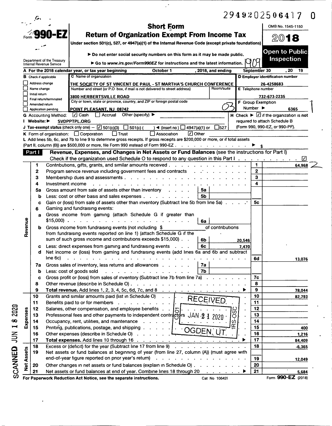 Image of first page of 2018 Form 990EZ for St Martha Conferenc St Vincent de Paul Society