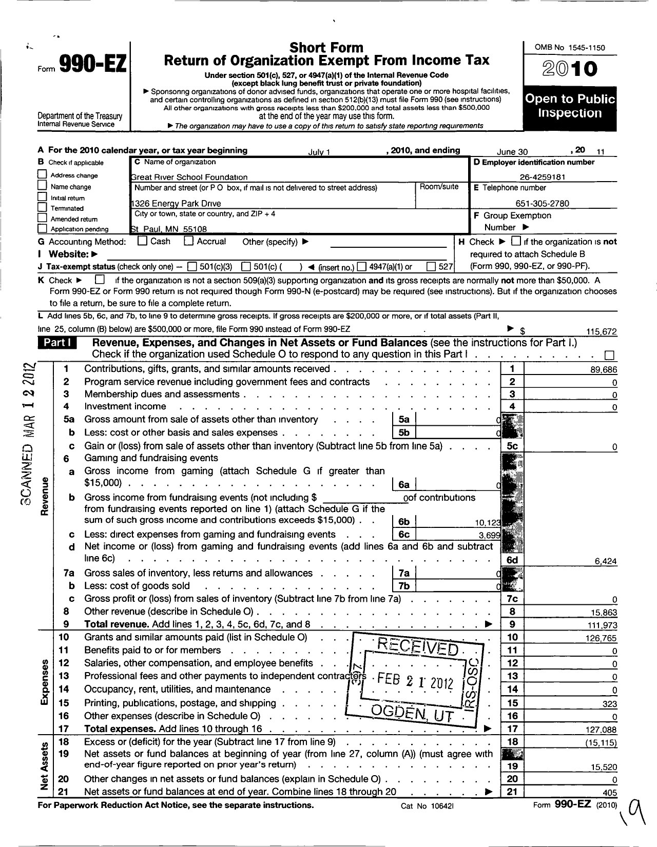 Image of first page of 2010 Form 990EO for Great River School Foundation