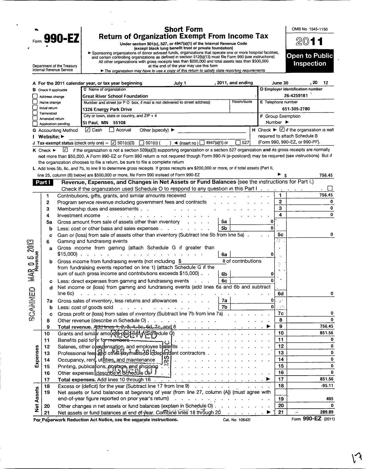 Image of first page of 2011 Form 990EZ for Great River School Foundation