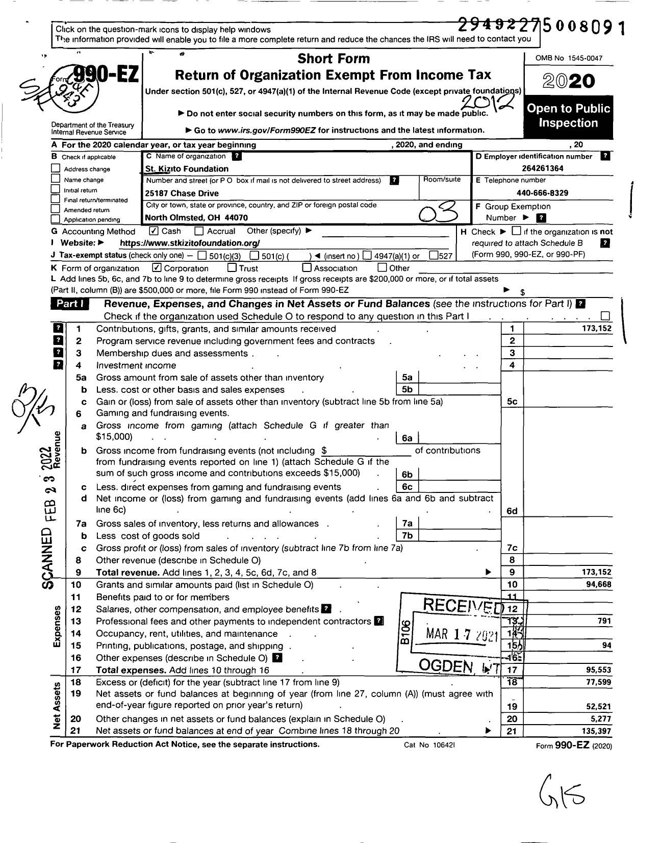 Image of first page of 2020 Form 990EZ for St Kizito Foundation