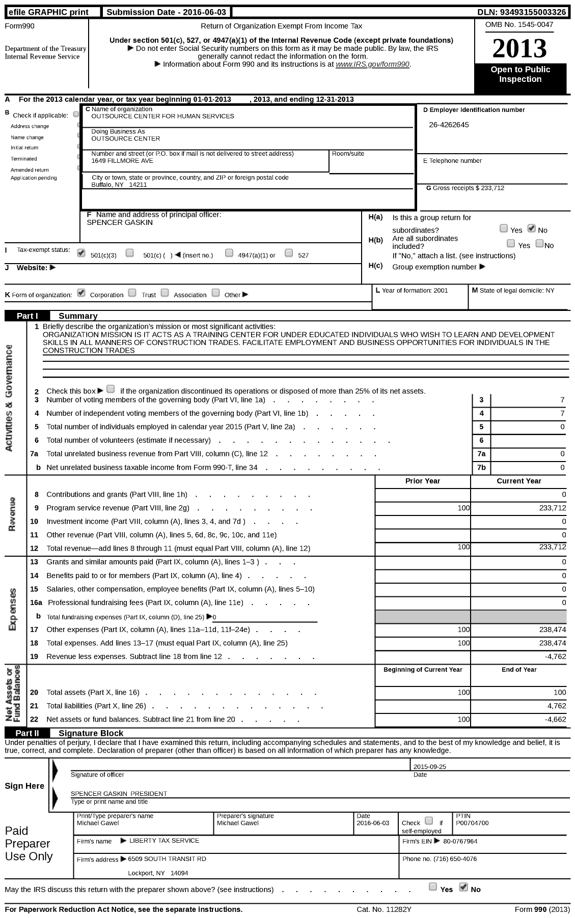 Image of first page of 2016 Form 990 for Outsource Center for Human Services