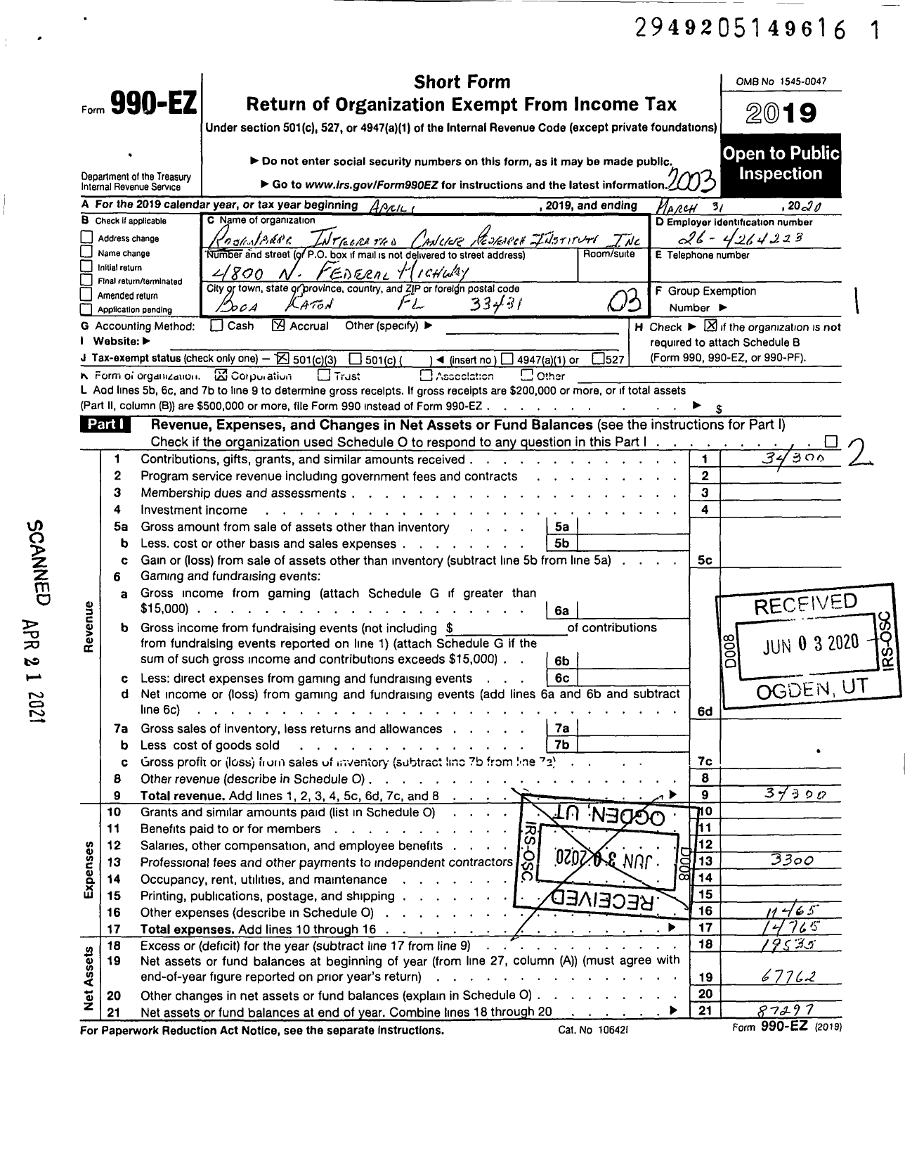 Image of first page of 2019 Form 990EZ for Rosenberg Integrated Cancer Research Institute