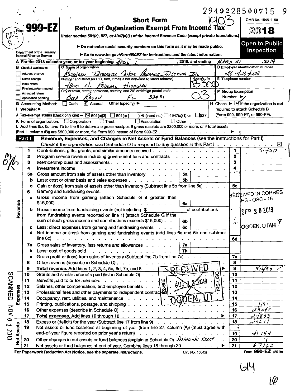 Image of first page of 2018 Form 990EZ for Rosenberg Integrated Cancer Research Institute