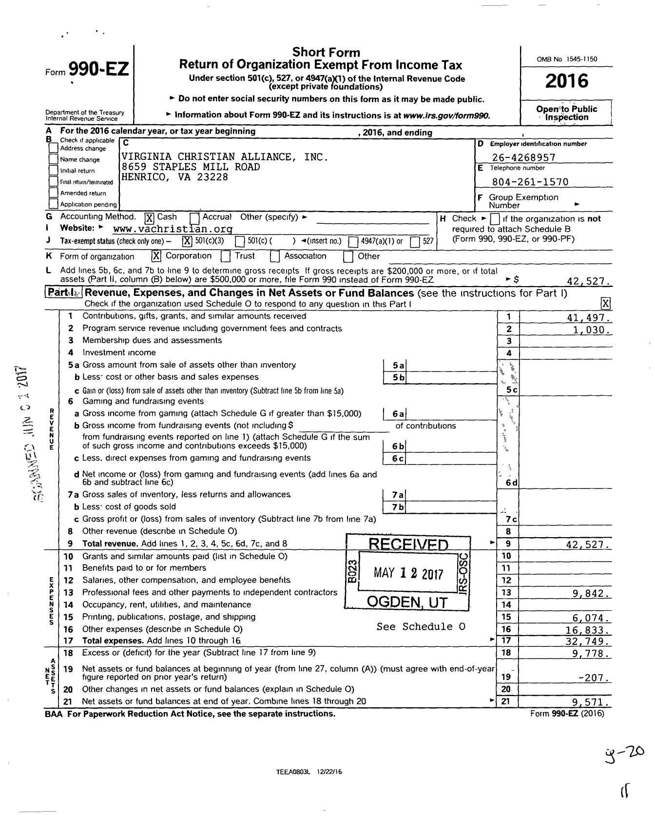 Image of first page of 2016 Form 990EZ for Virginia Christian Alliance