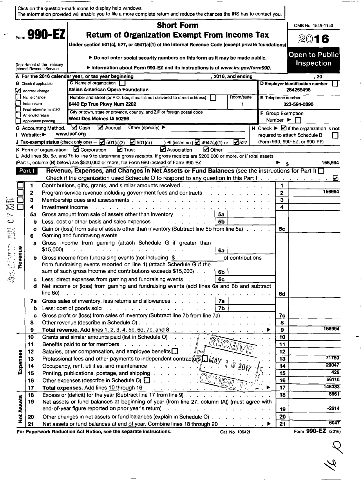 Image of first page of 2016 Form 990EO for Italian American Opera Foundation