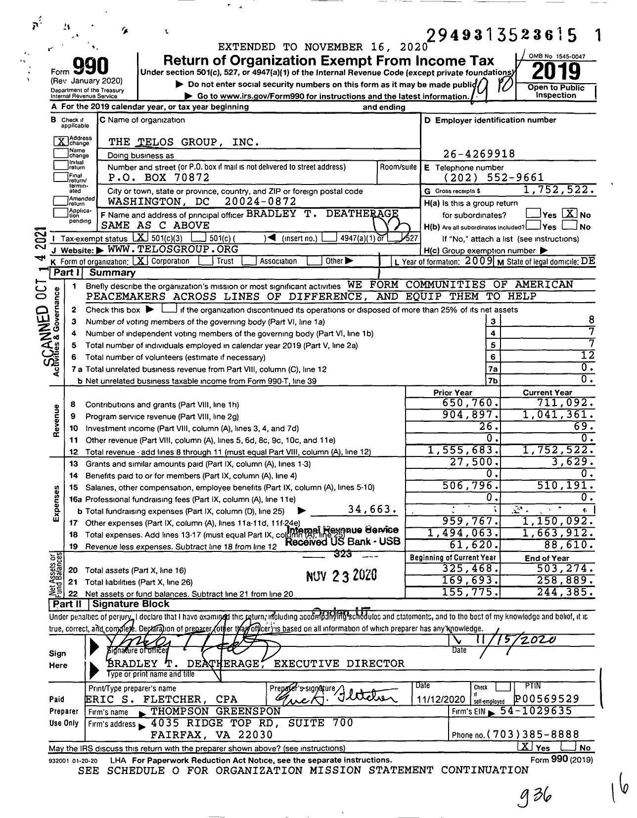 Image of first page of 2019 Form 990 for Telos Group