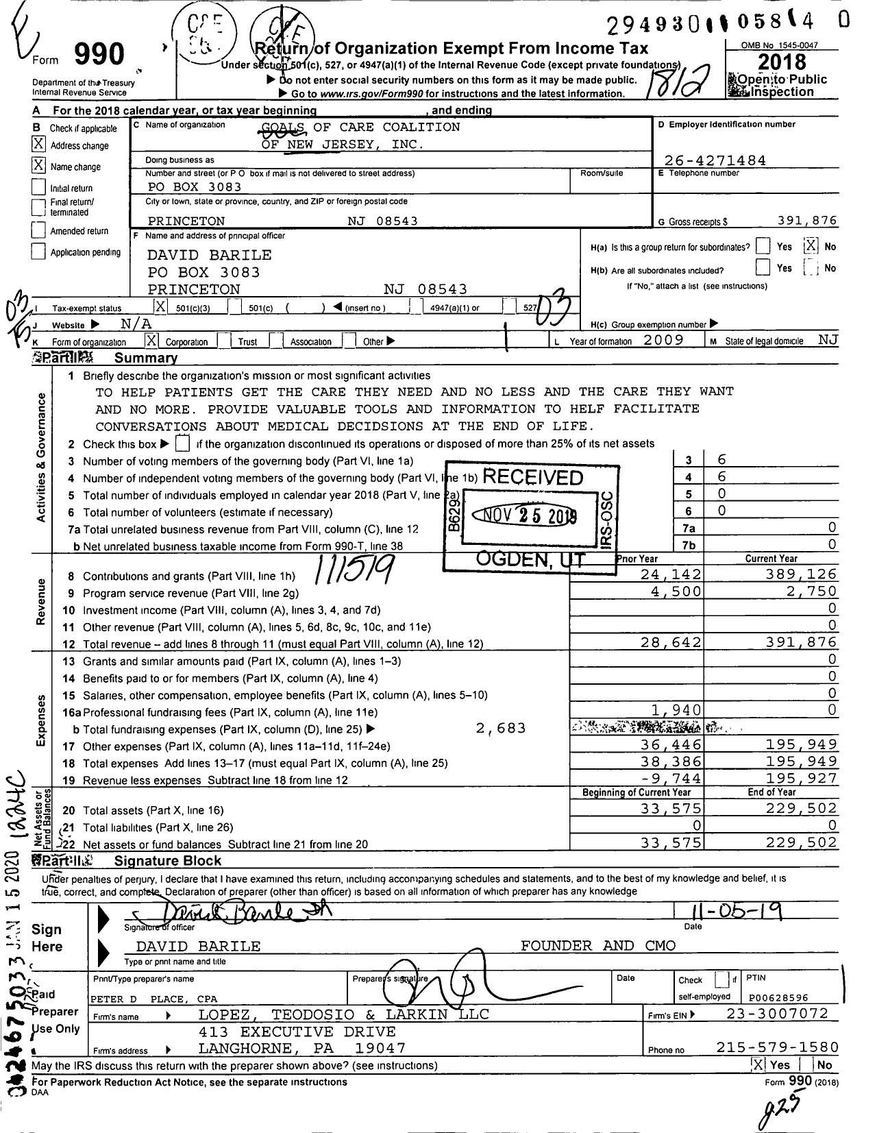 Image of first page of 2018 Form 990 for Goals of Care Coalition of New Jersey