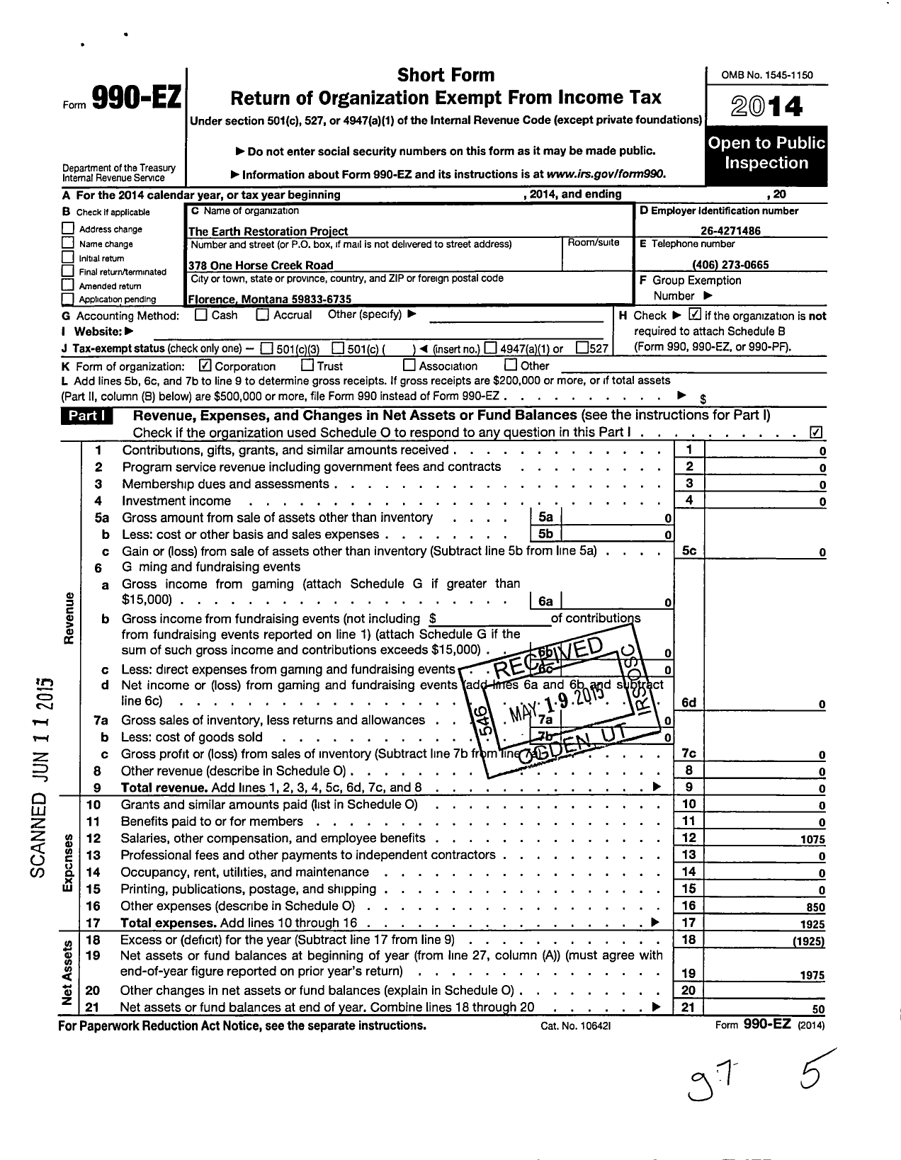 Image of first page of 2014 Form 990EO for Earth Restoration Project