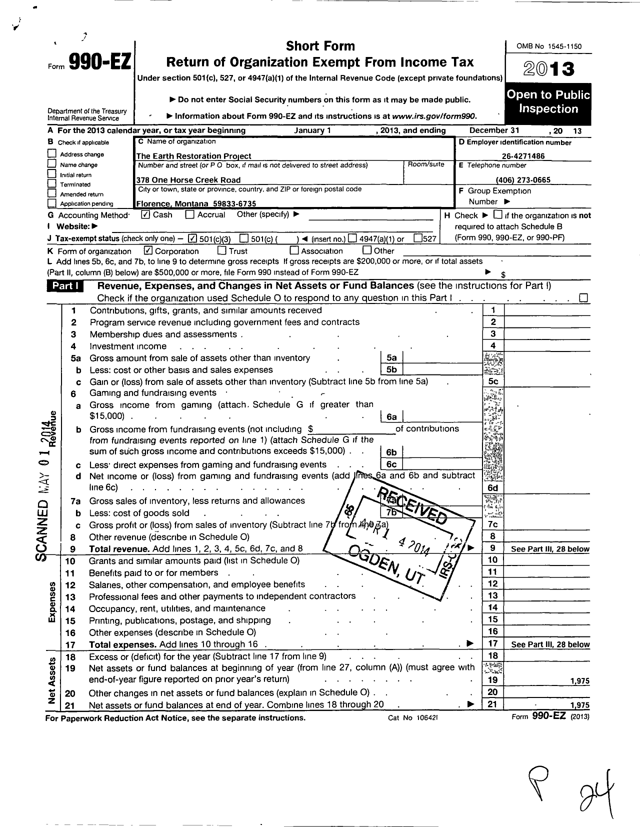 Image of first page of 2013 Form 990EZ for Earth Restoration Project