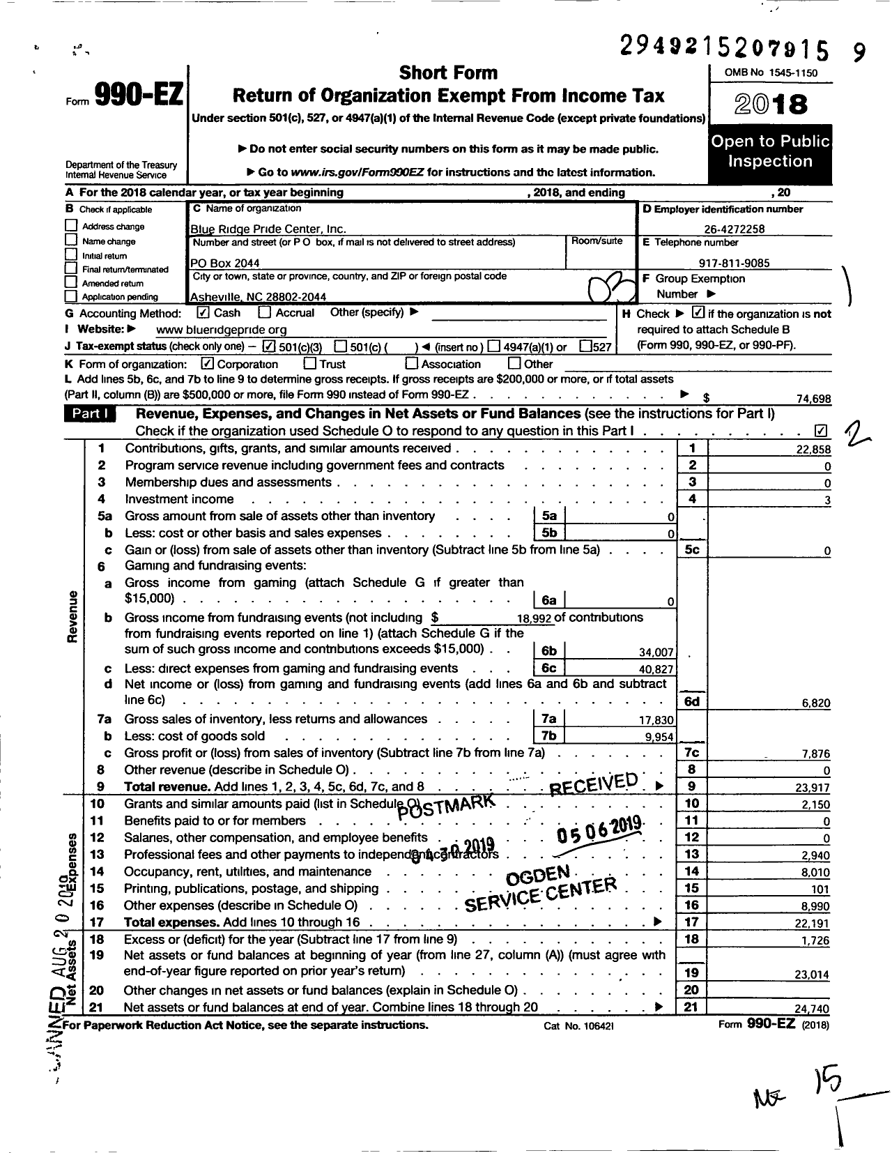 Image of first page of 2018 Form 990EZ for Blue Ridge Pride Center