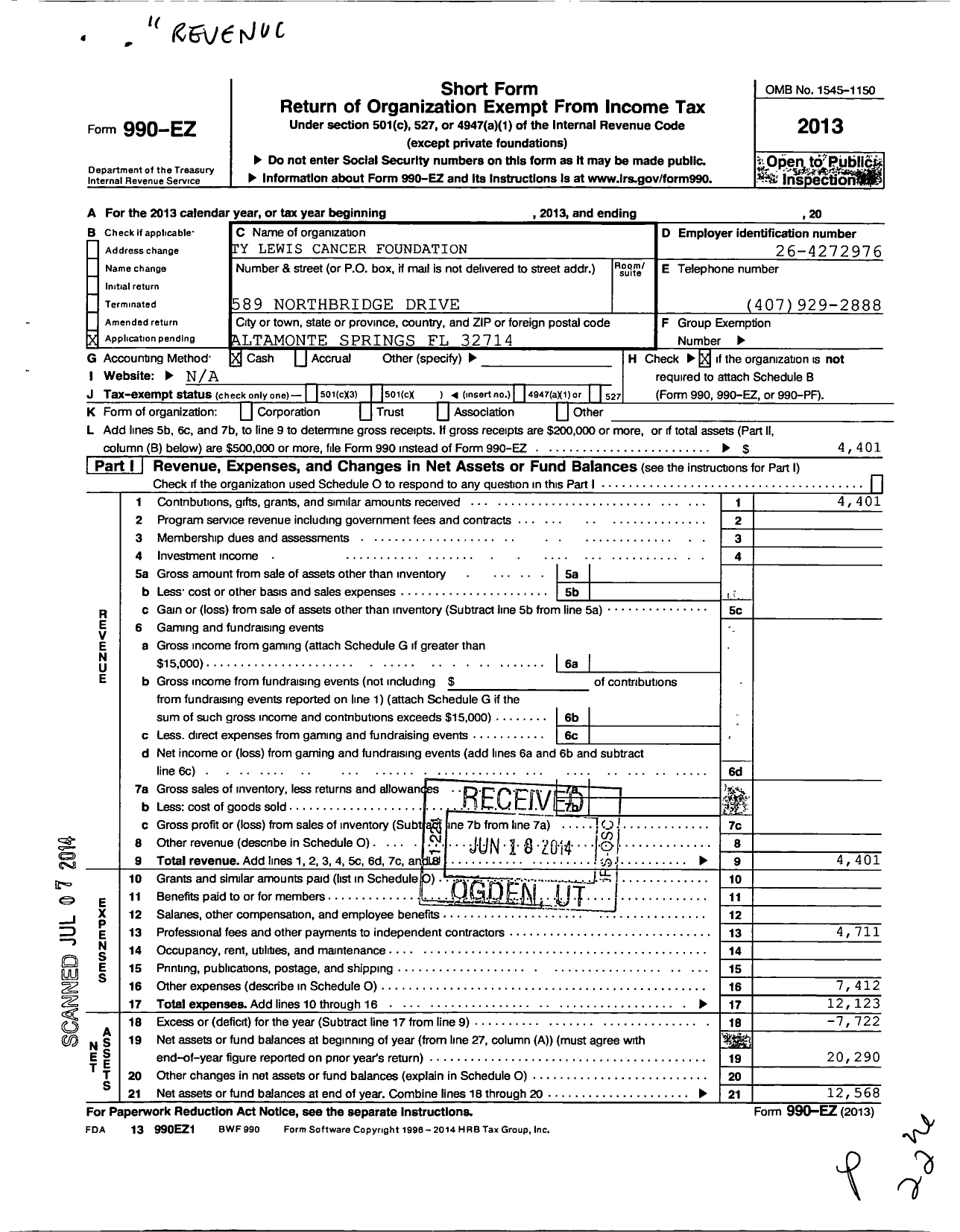 Image of first page of 2013 Form 990EO for Ty Lewis Cancer Foundation