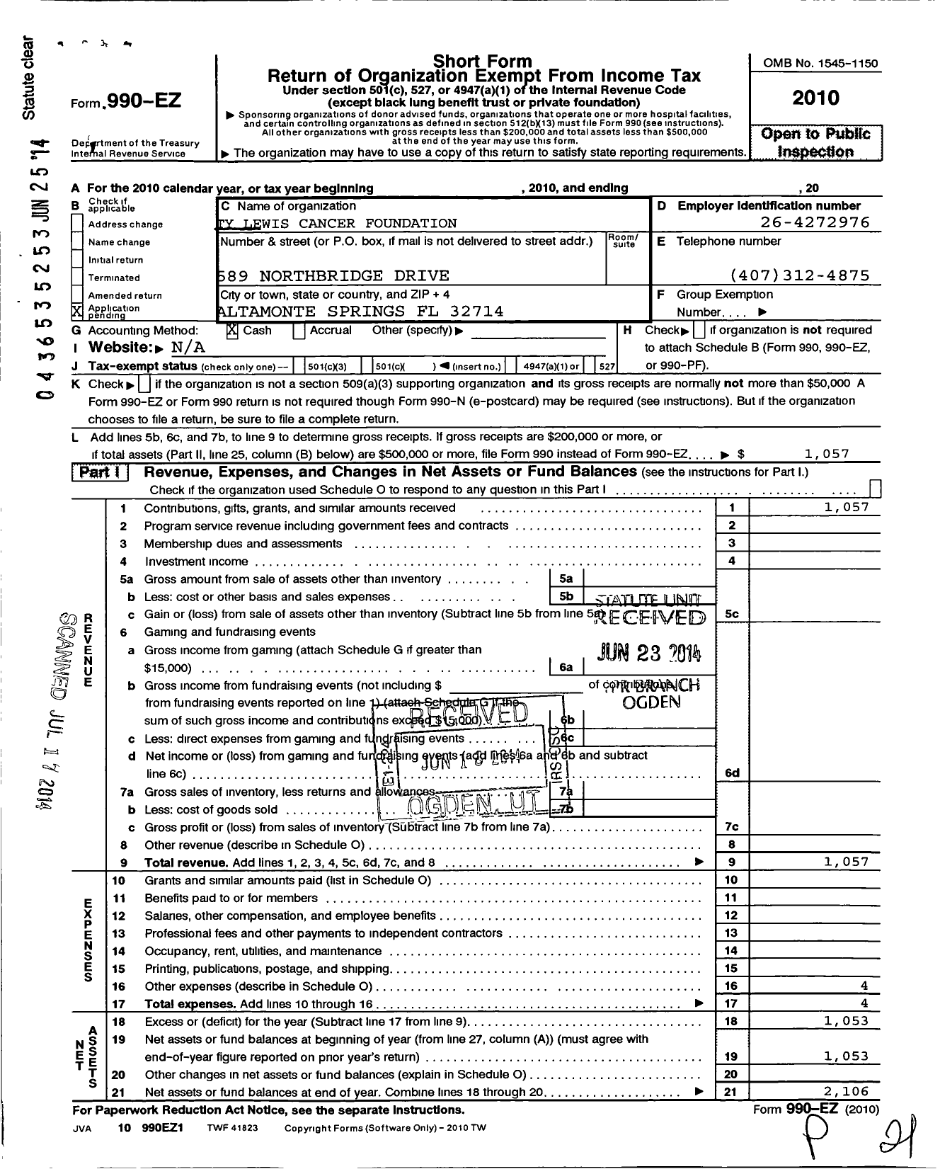 Image of first page of 2010 Form 990EO for Ty Lewis Cancer Foundation