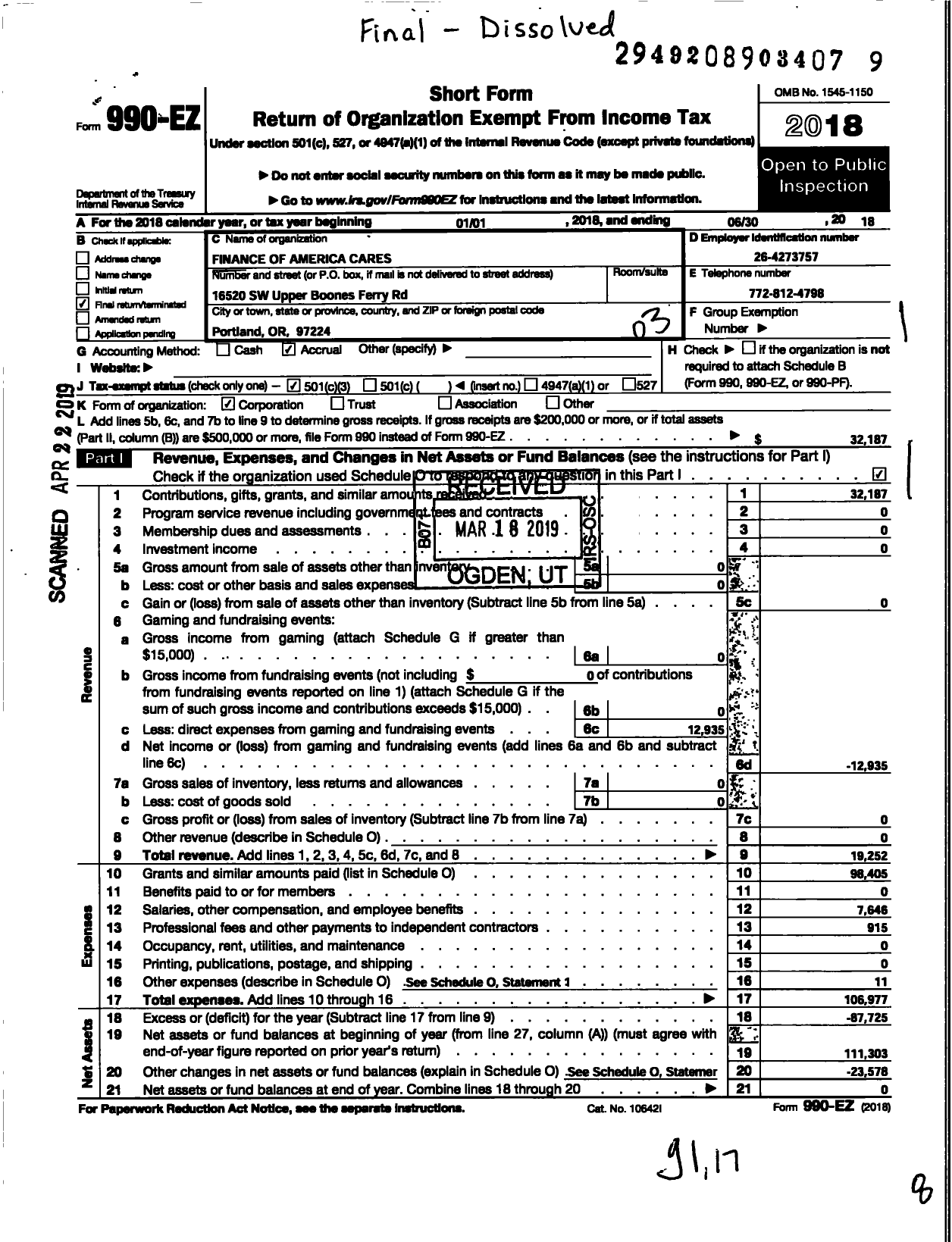 Image of first page of 2017 Form 990EZ for Finance of America Cares