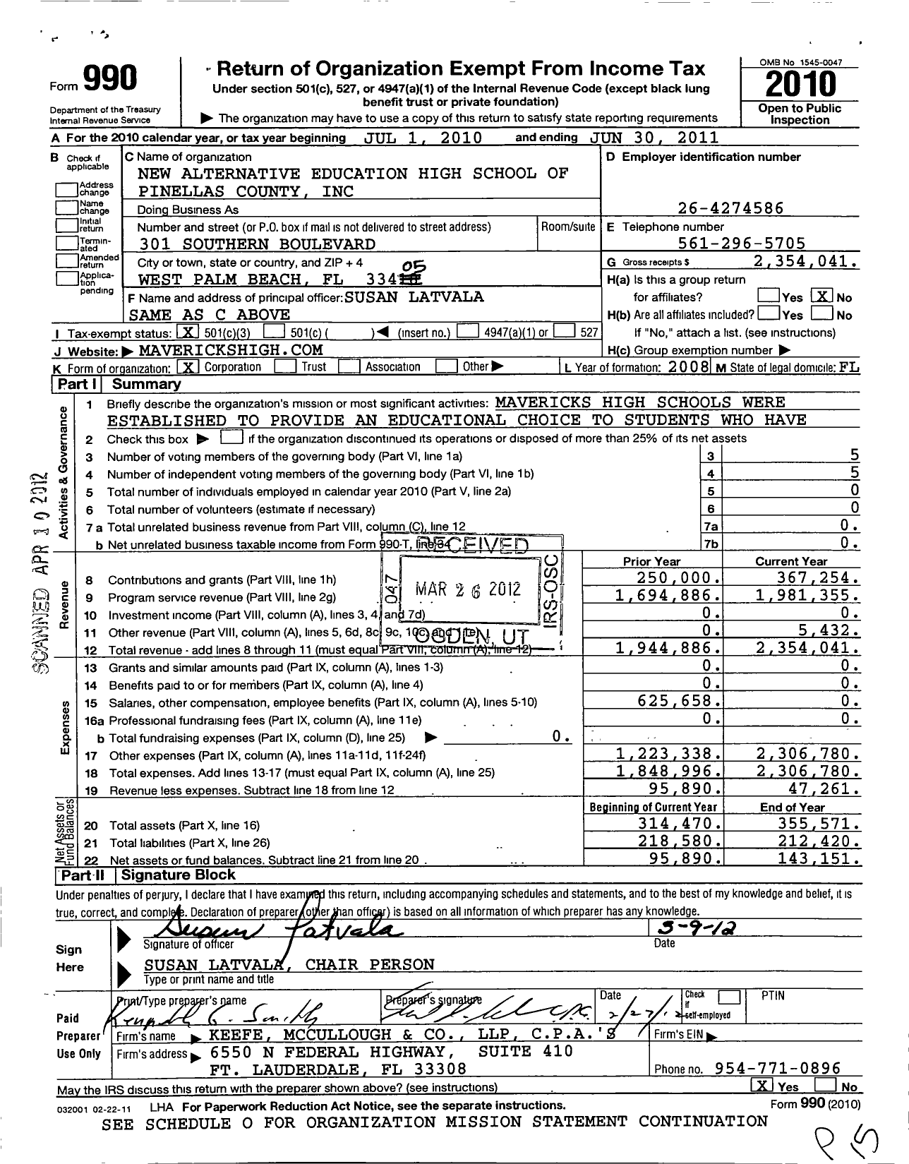 Image of first page of 2010 Form 990 for New Alternative Education High School of Pinellas County