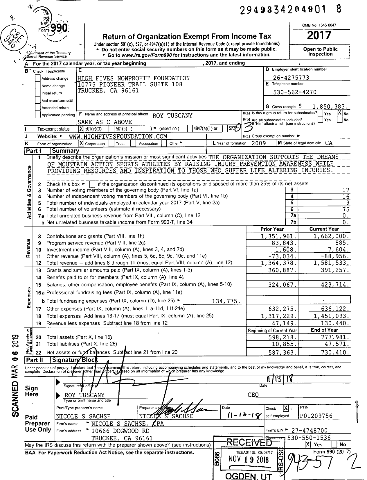 Image of first page of 2017 Form 990 for High Fives Nonprofit Foundation