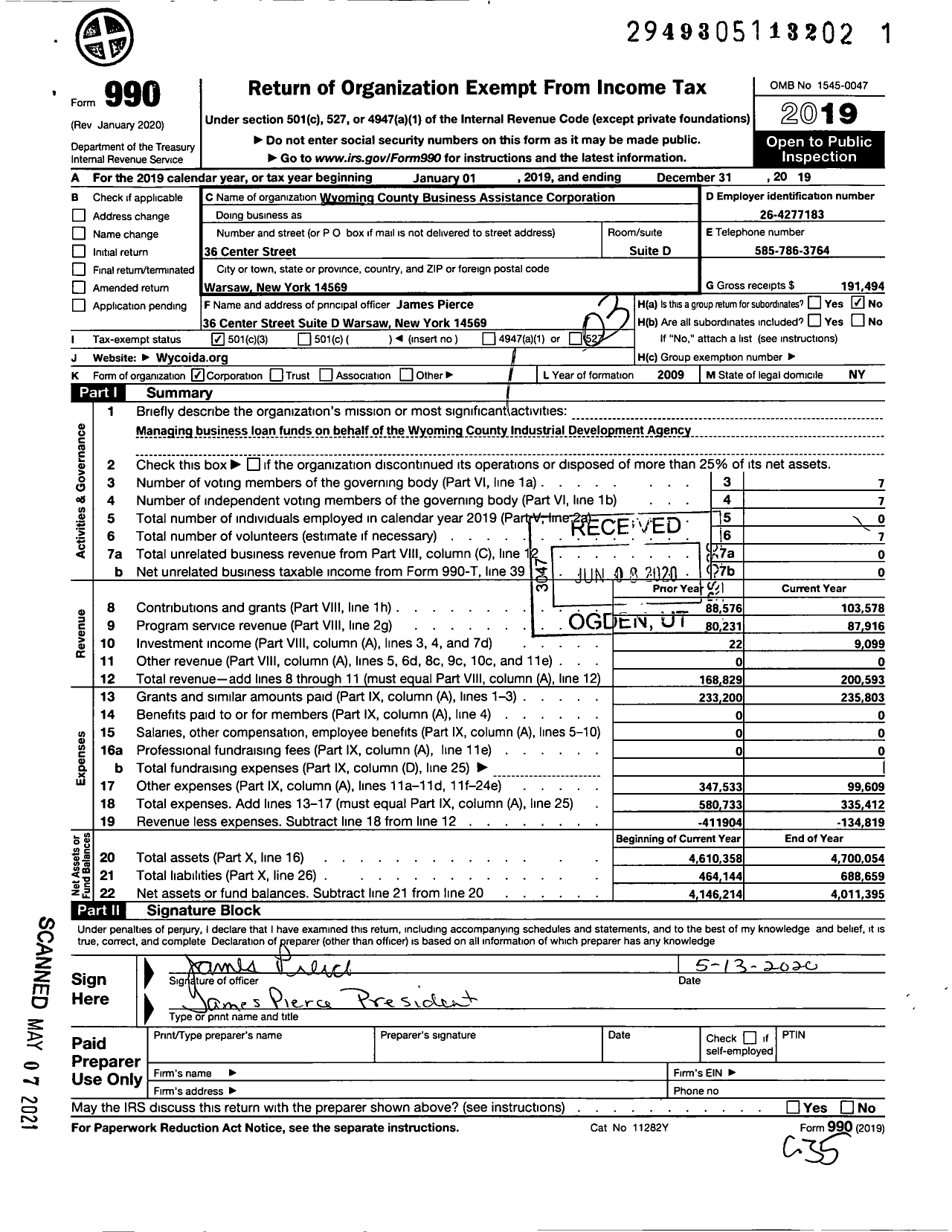 Image of first page of 2019 Form 990 for Wyoming County Business Assistance Corporation