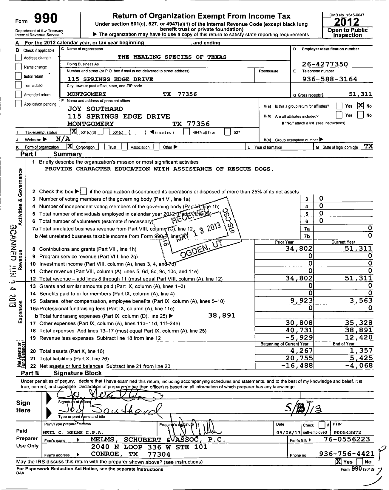 Image of first page of 2012 Form 990 for Healing Species Texas