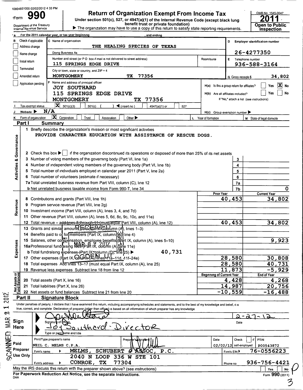 Image of first page of 2011 Form 990 for Healing Species Texas