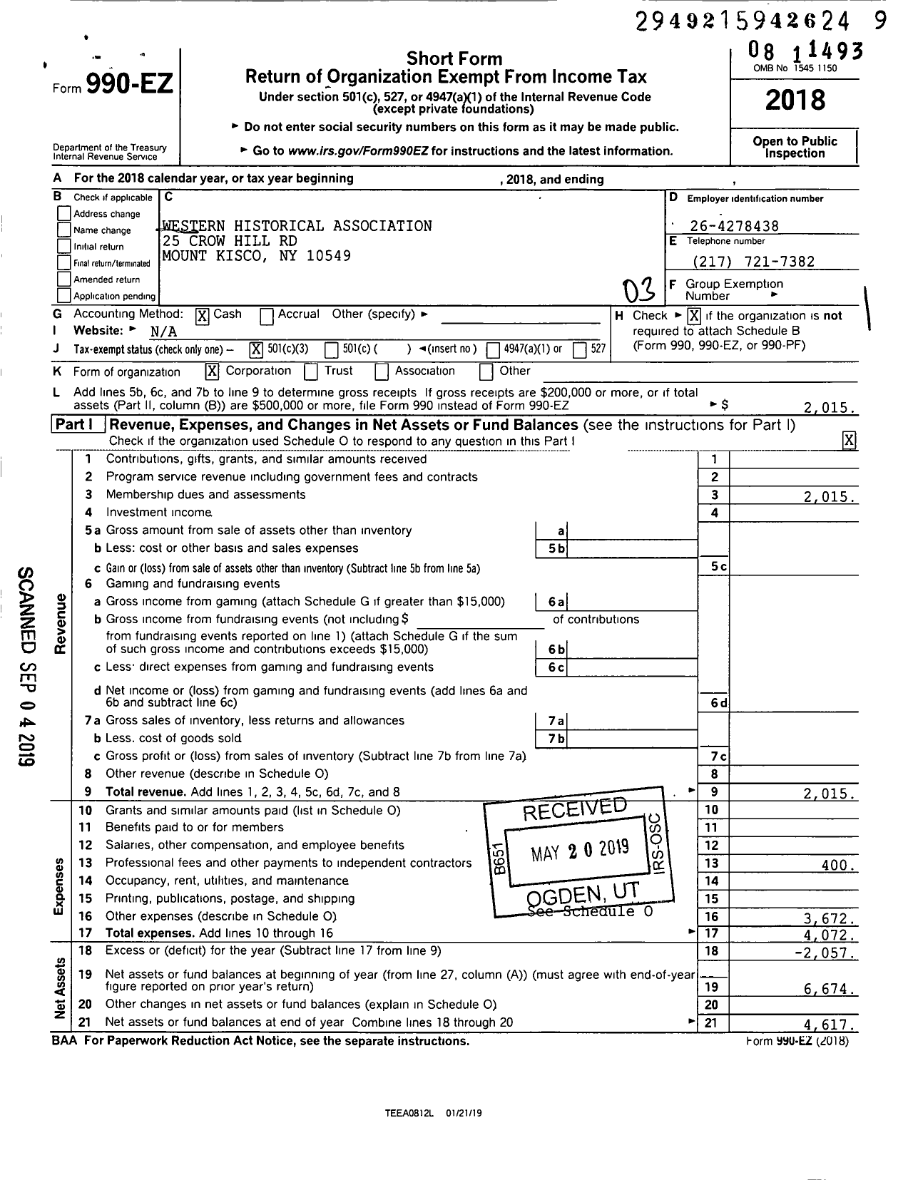 Image of first page of 2018 Form 990EZ for Western Historical Association