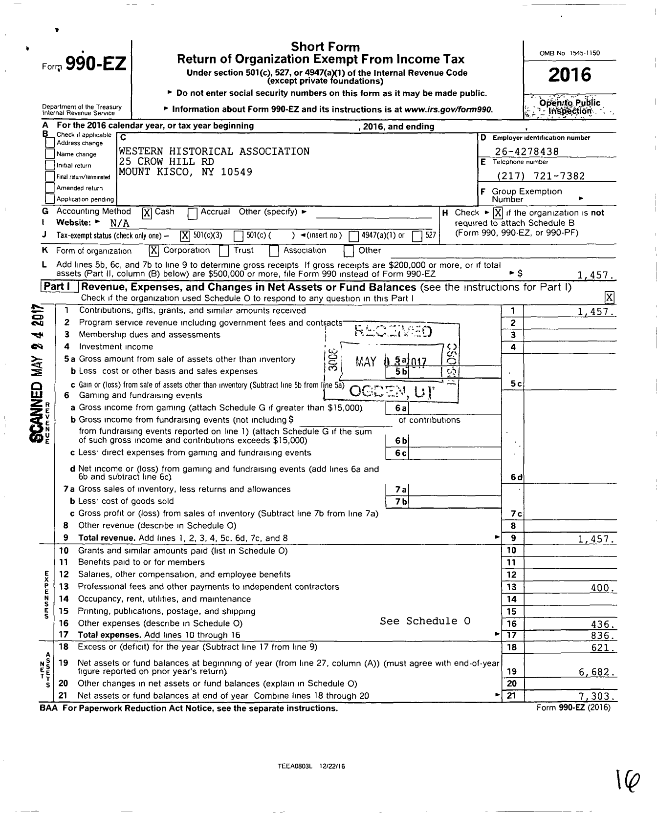 Image of first page of 2016 Form 990EZ for Western Historical Association