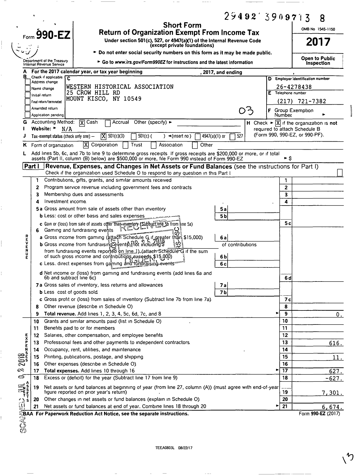 Image of first page of 2017 Form 990EZ for Western Historical Association