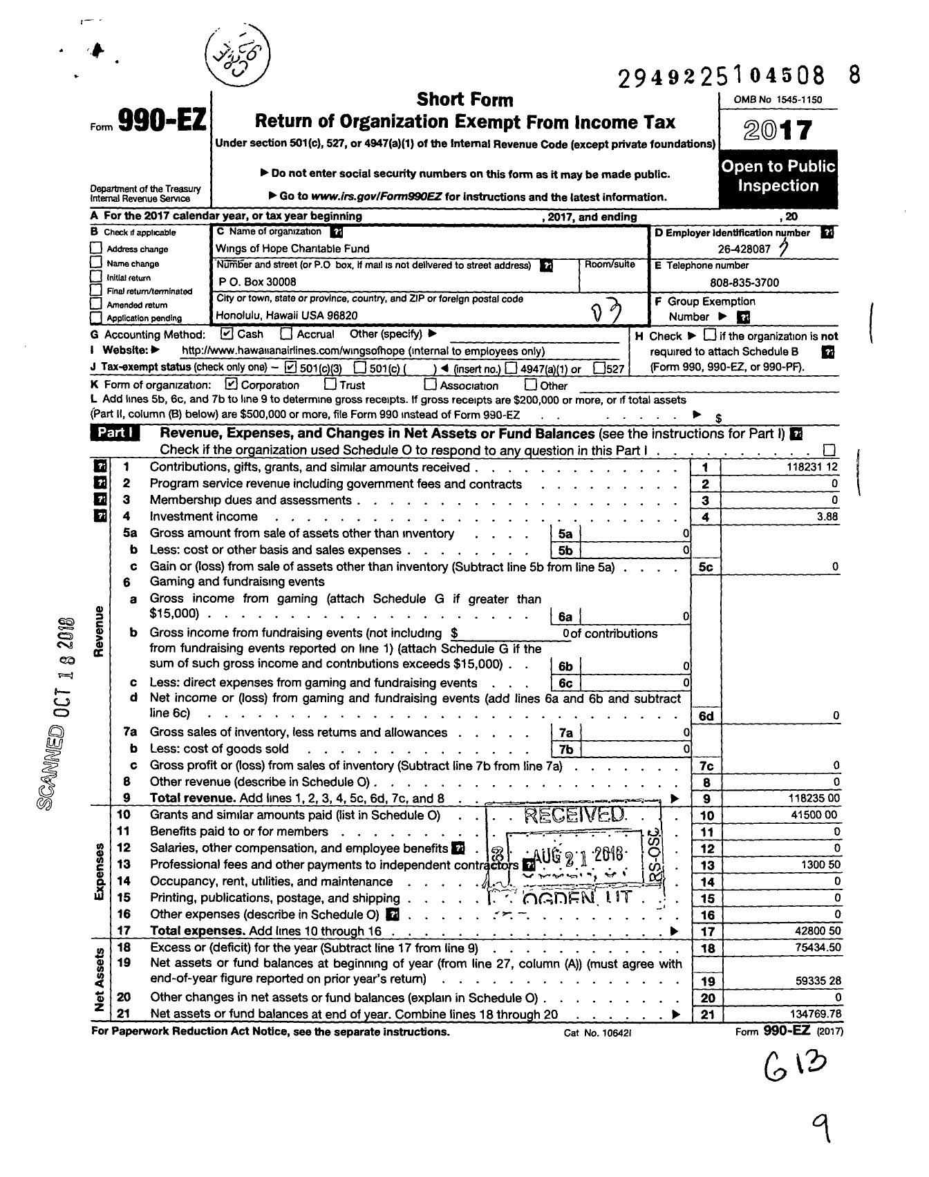 Image of first page of 2017 Form 990EZ for Wings of Hope Charitable Fund