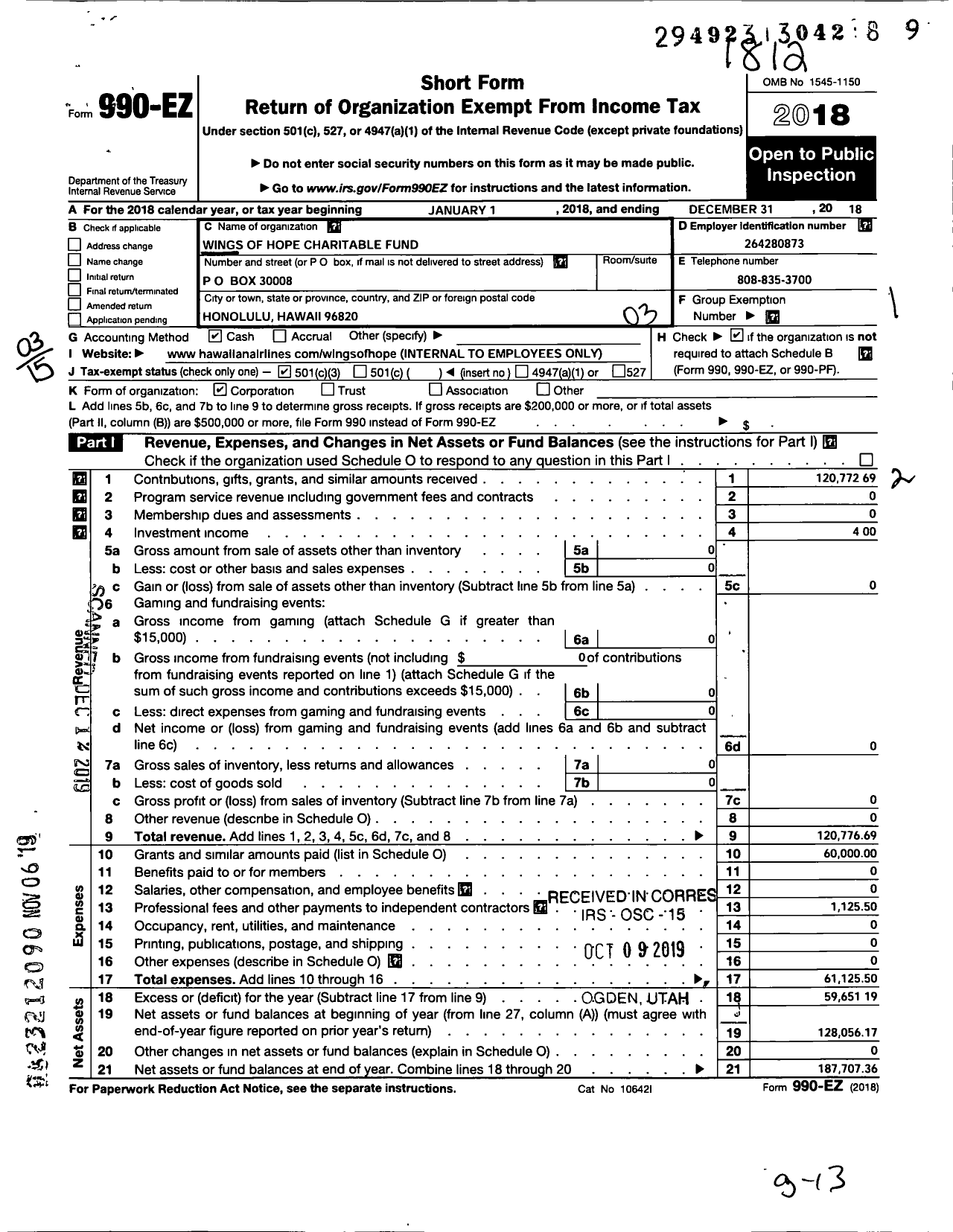 Image of first page of 2018 Form 990EZ for Wings of Hope Charitable Fund