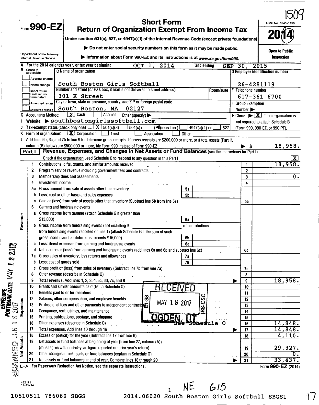 Image of first page of 2014 Form 990EZ for South Boston Girls Softball