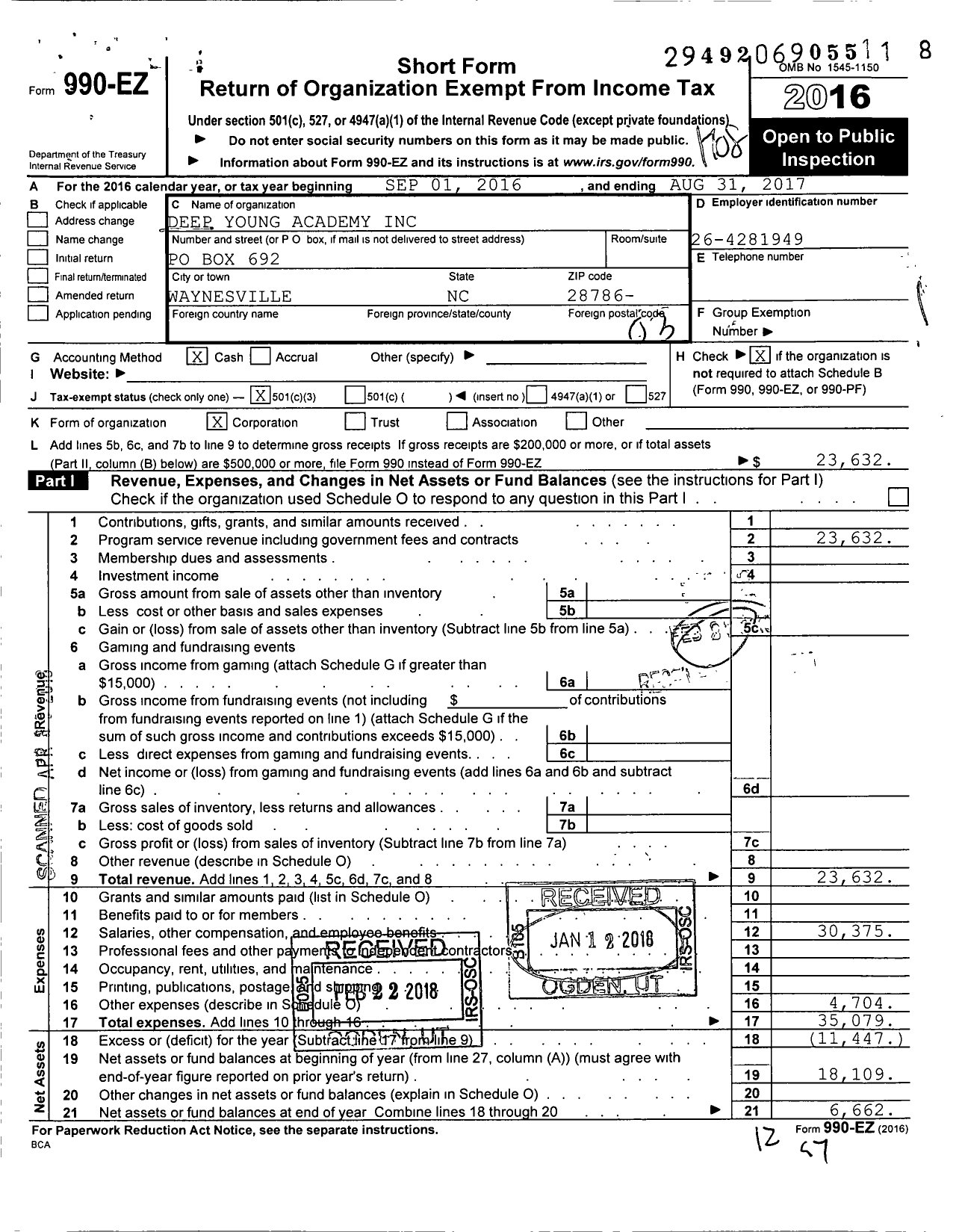 Image of first page of 2016 Form 990EZ for Deep Young Academy