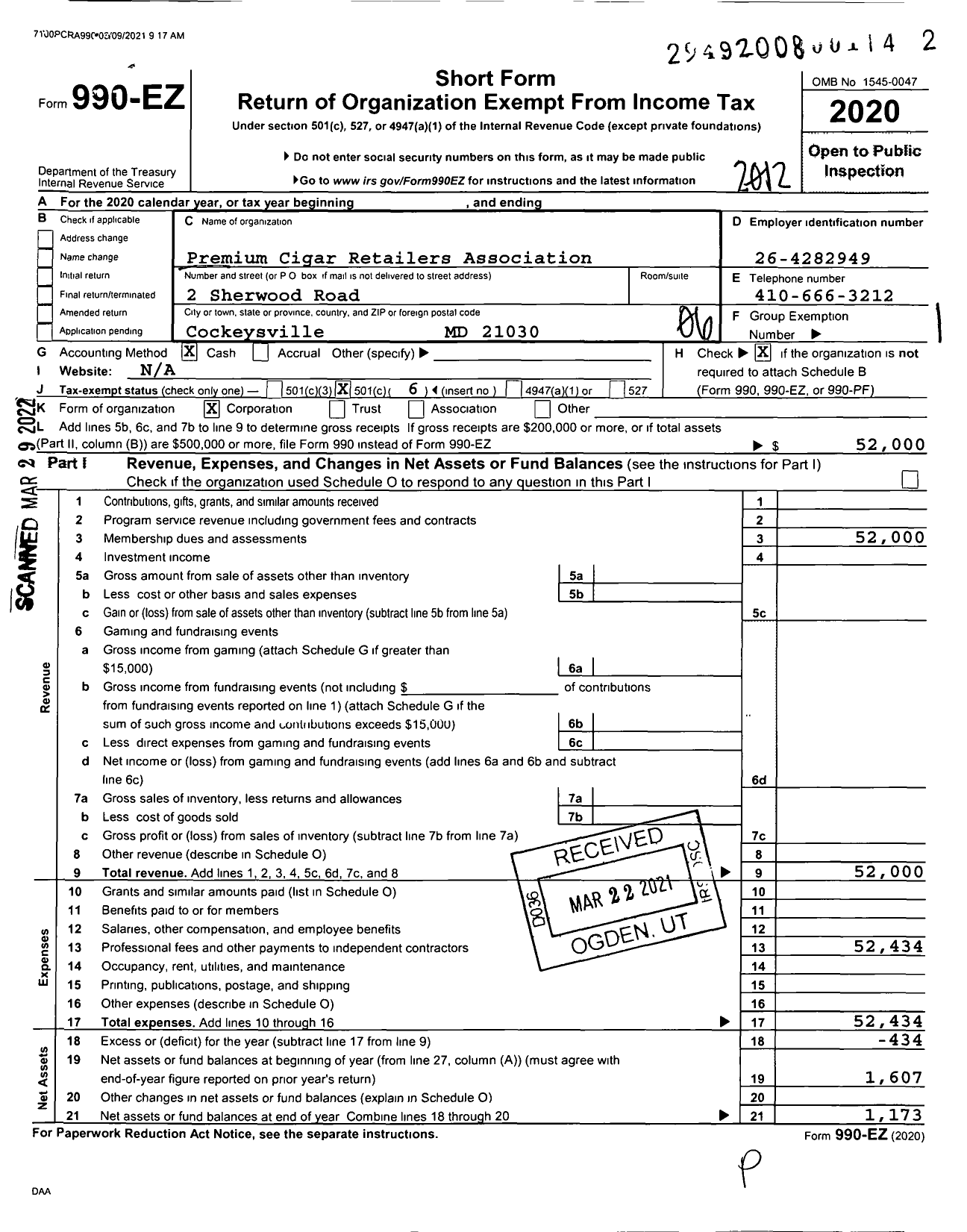 Image of first page of 2020 Form 990EO for Premium Cigar Retailers Association