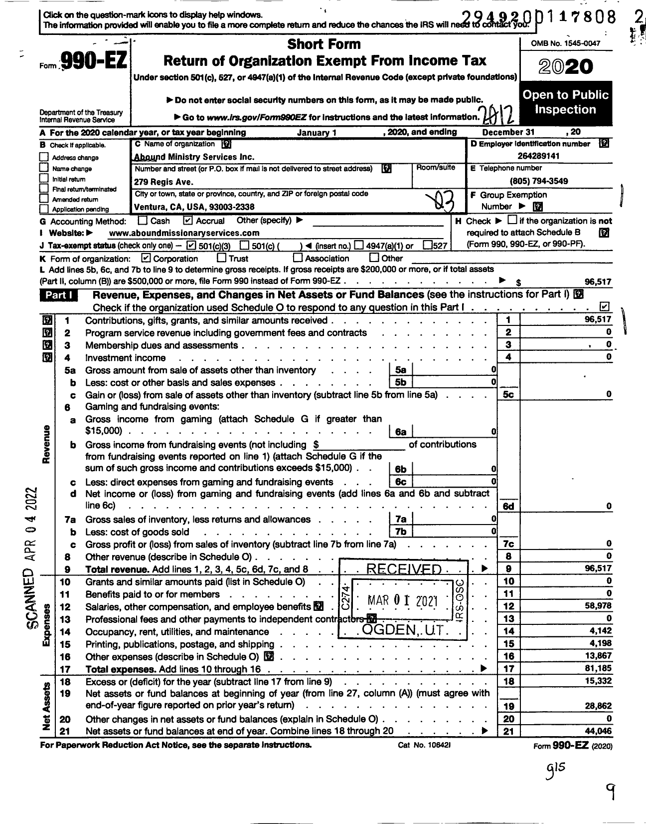 Image of first page of 2020 Form 990EZ for Abound Missionary Services