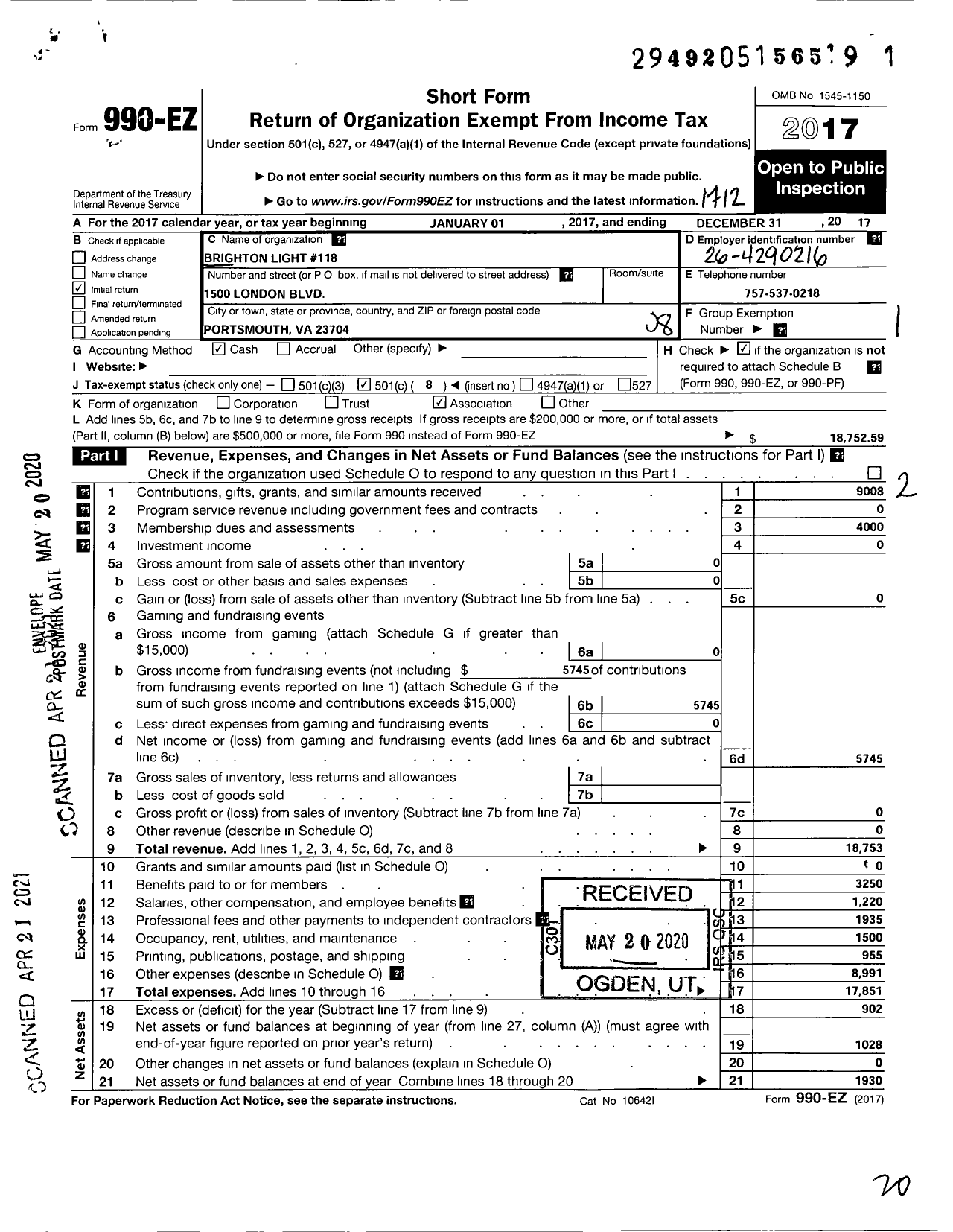 Image of first page of 2017 Form 990EO for Grand Order of the Eastern Start of Virginia Pha / Brighton Light Chapter