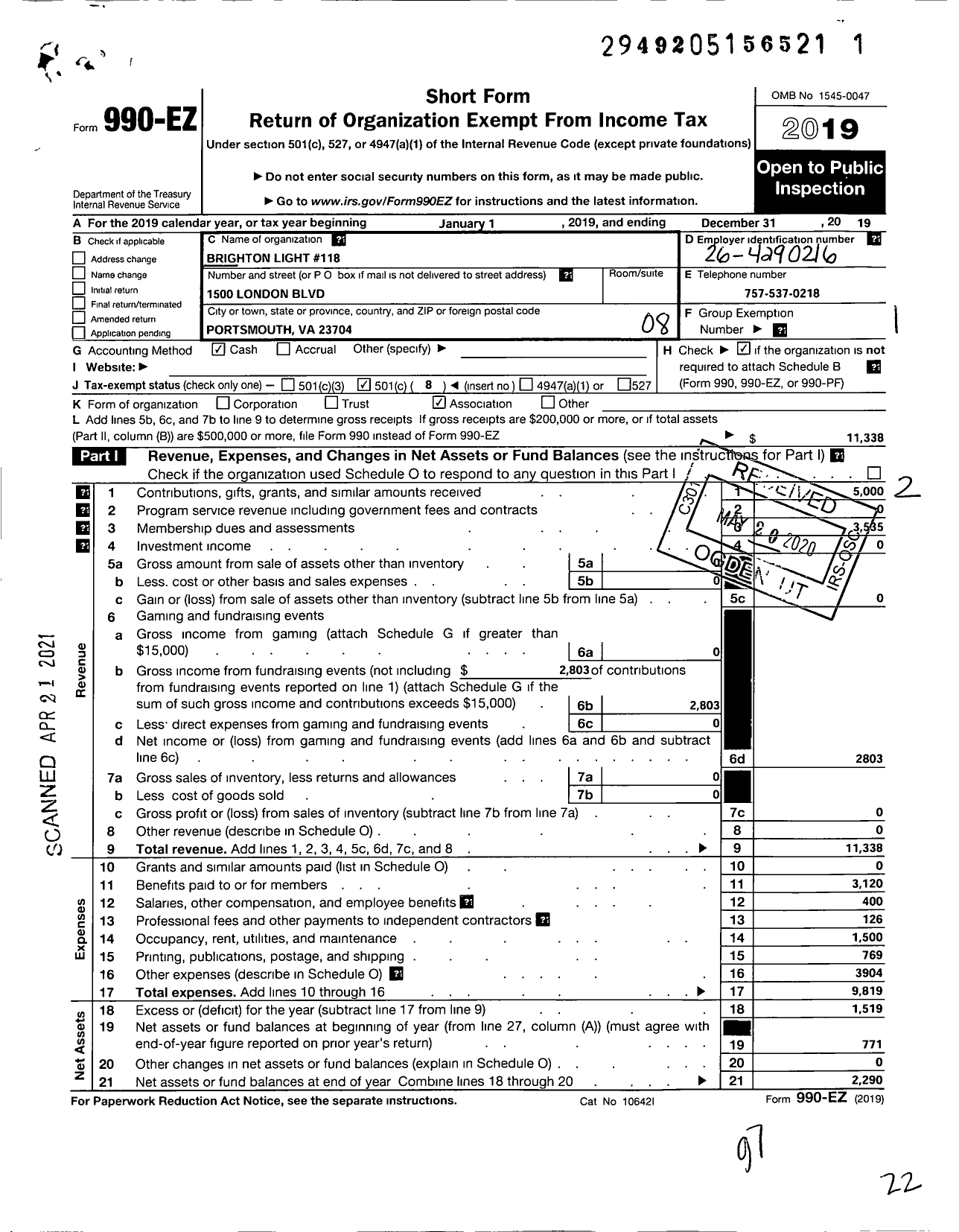 Image of first page of 2019 Form 990EO for Grand Order of the Eastern Start of Virginia Pha / Brighton Light Chapter