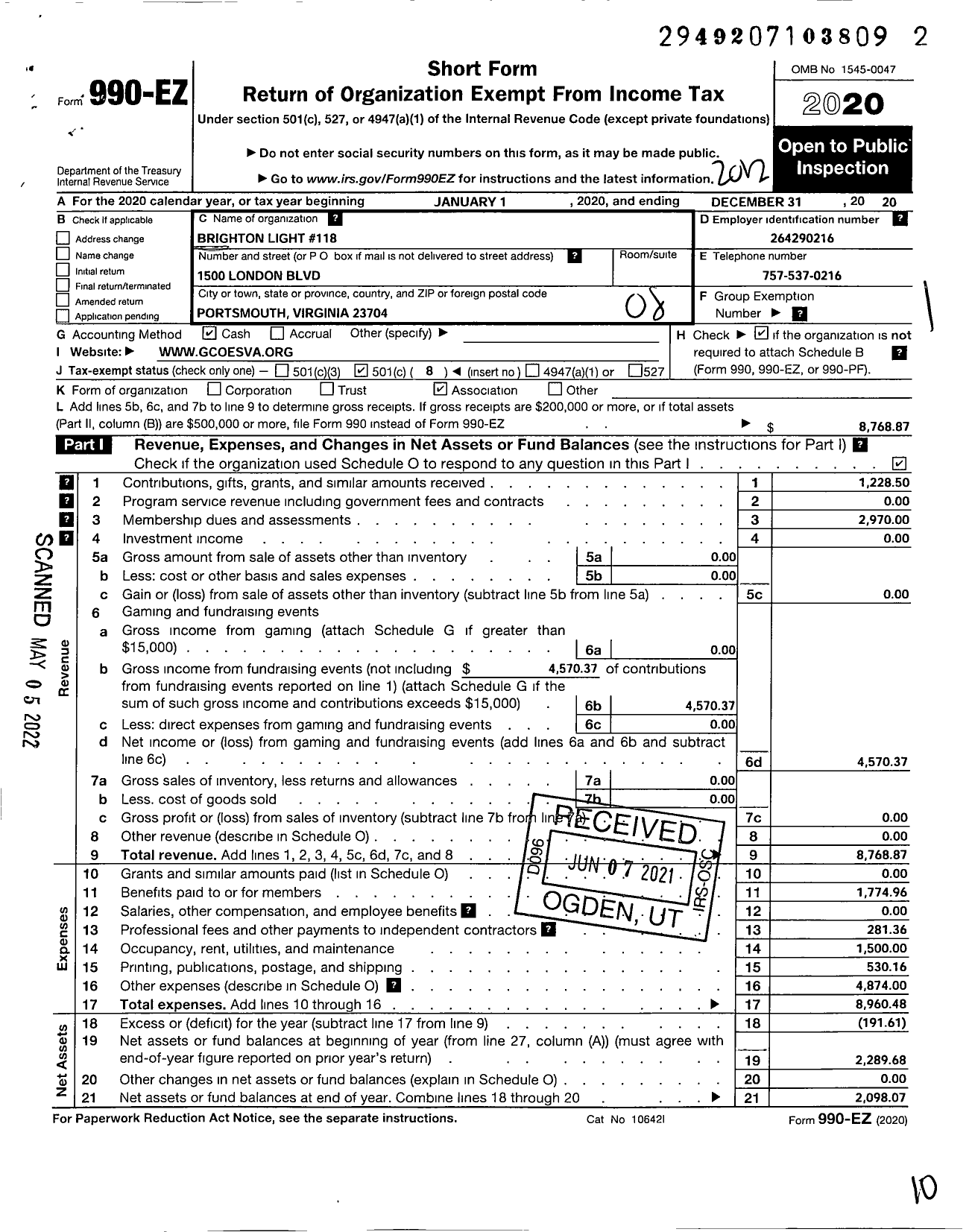 Image of first page of 2020 Form 990EO for Grand Order of the Eastern Start of Virginia Pha / Brighton Light Chapter