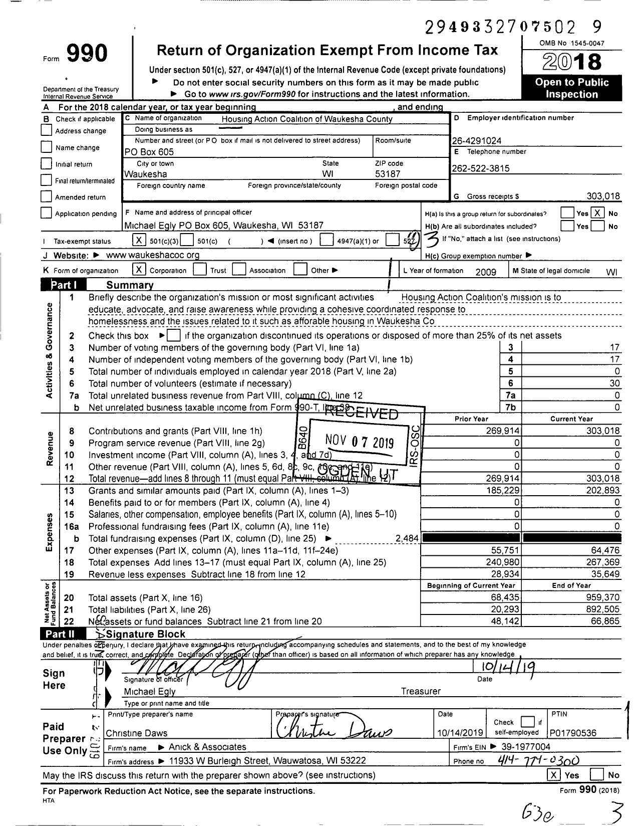 Image of first page of 2018 Form 990 for Housing Action Coalition of Waukesha County