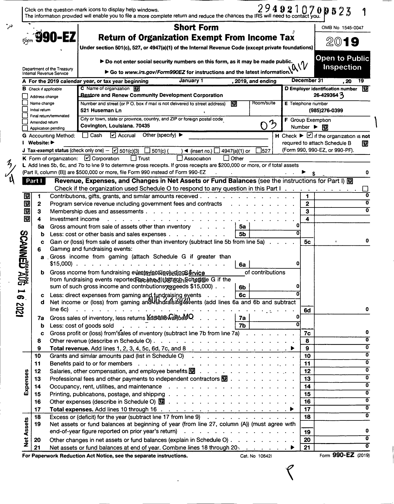 Image of first page of 2019 Form 990EZ for Restore and Renew Community Developtment Foundation