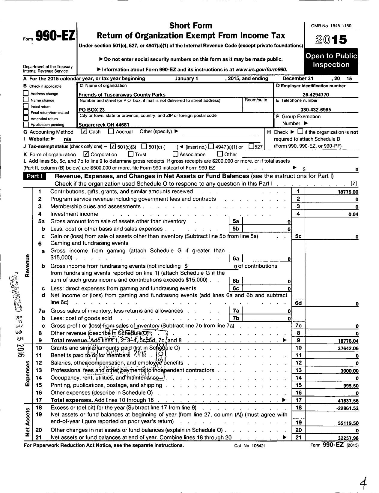 Image of first page of 2015 Form 990EZ for Friends of Tuscarawas County Parks