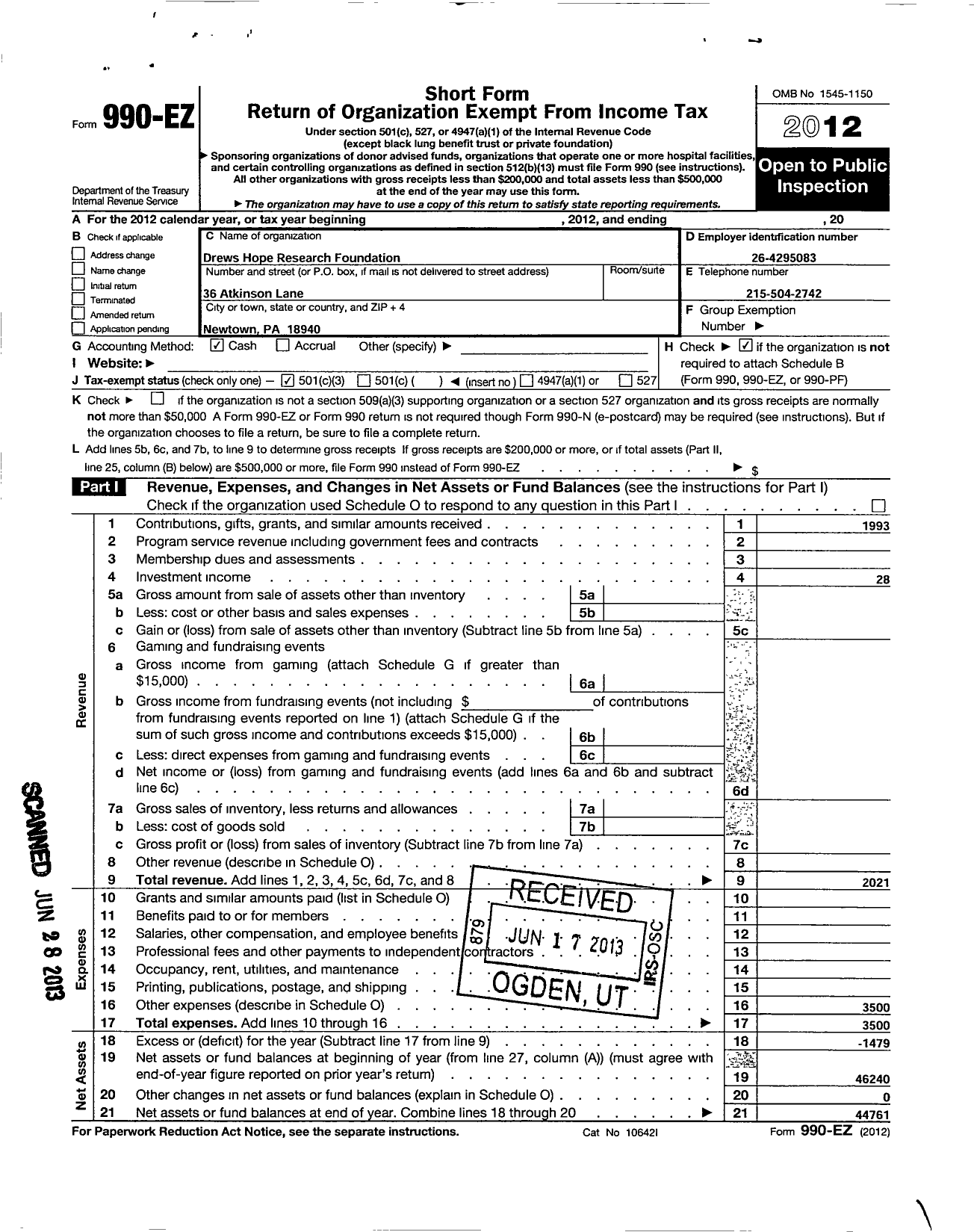 Image of first page of 2012 Form 990EZ for Drews Hope Research Foundation