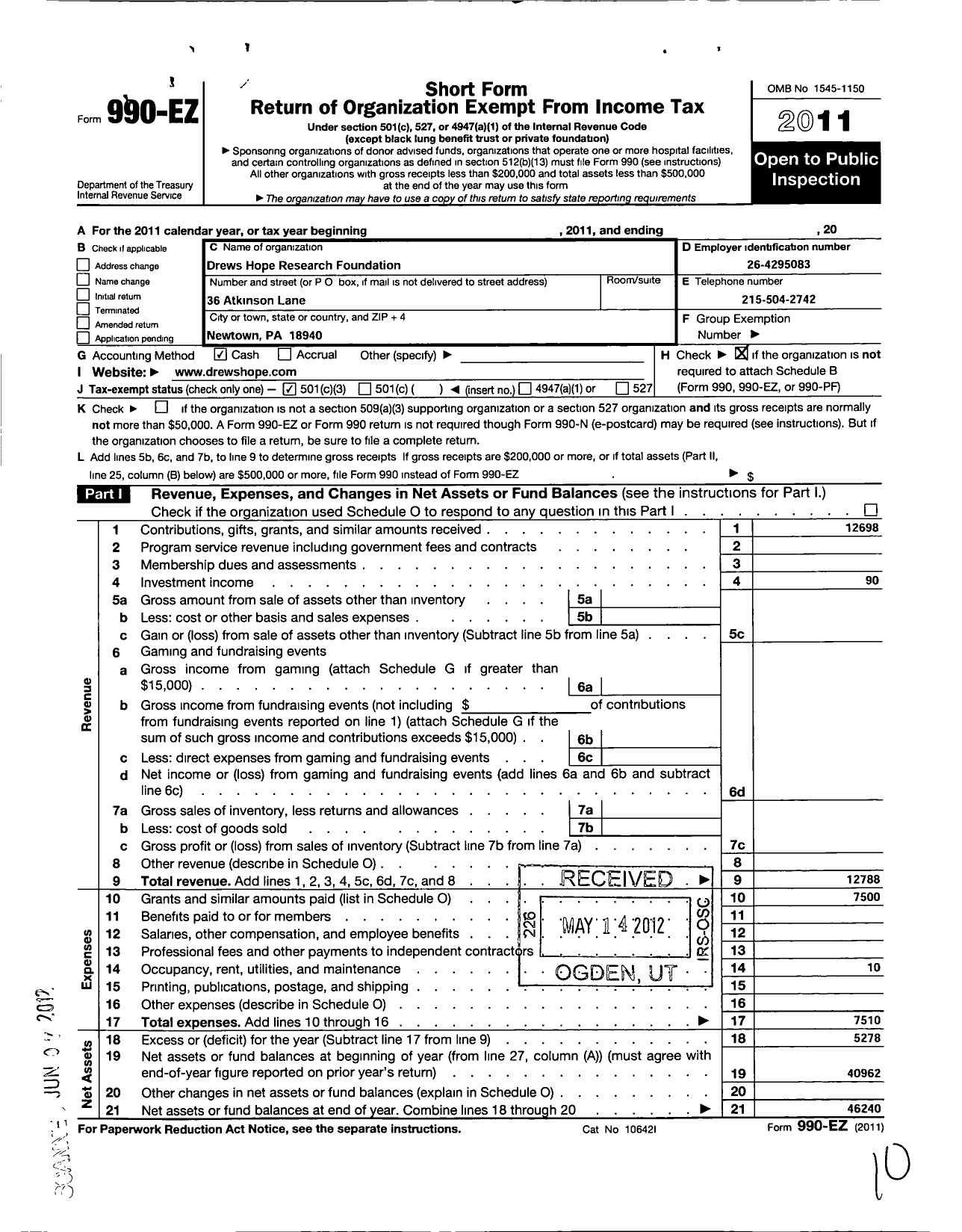 Image of first page of 2011 Form 990EZ for Drews Hope Research Foundation