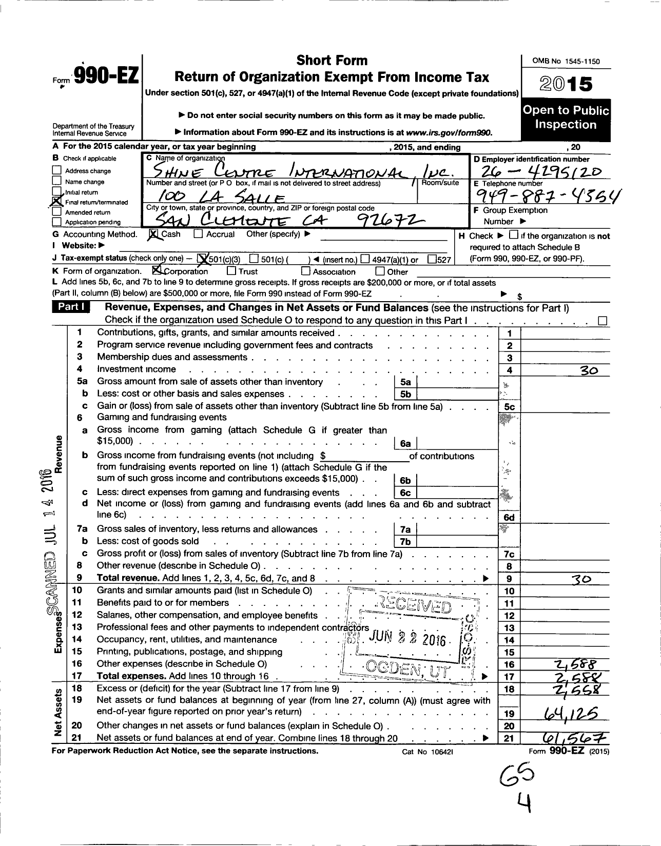 Image of first page of 2015 Form 990EZ for Shine Centre International